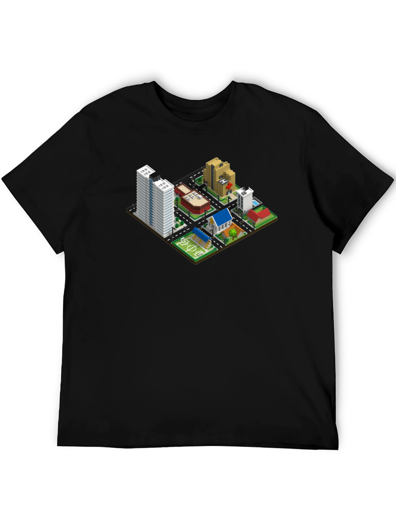 Black Isometric Cityscape Graphic Tee - Black Cotton T-Shirt view 5