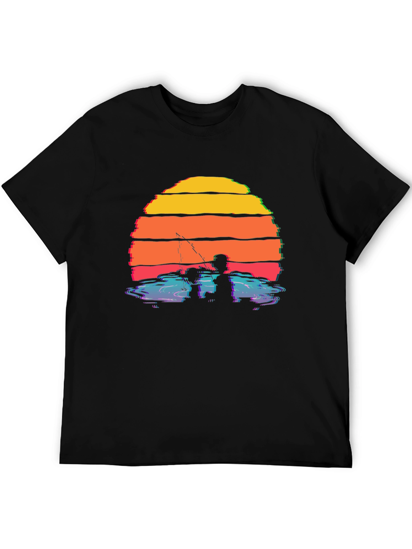 Black Sunset Fishing Silhouette T-Shirt view 5
