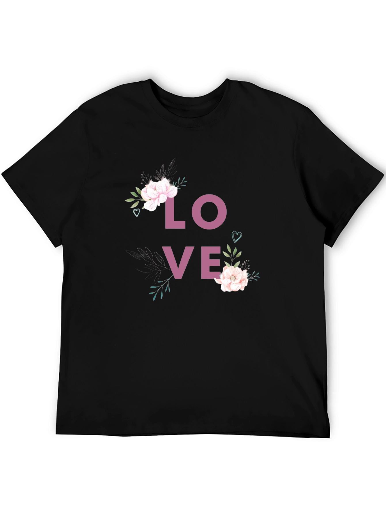Black Floral LOVE Graphic Print Crew Neck T-Shirt view 5