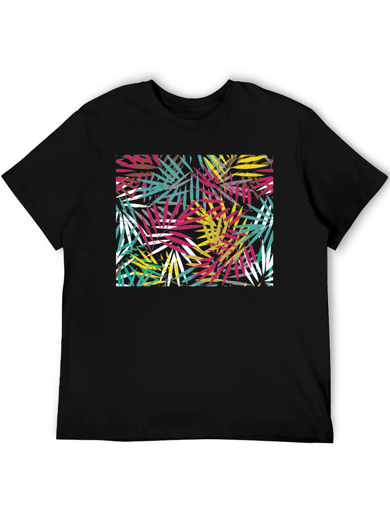 Black Tropical Leaf Print Black T-Shirt view 5