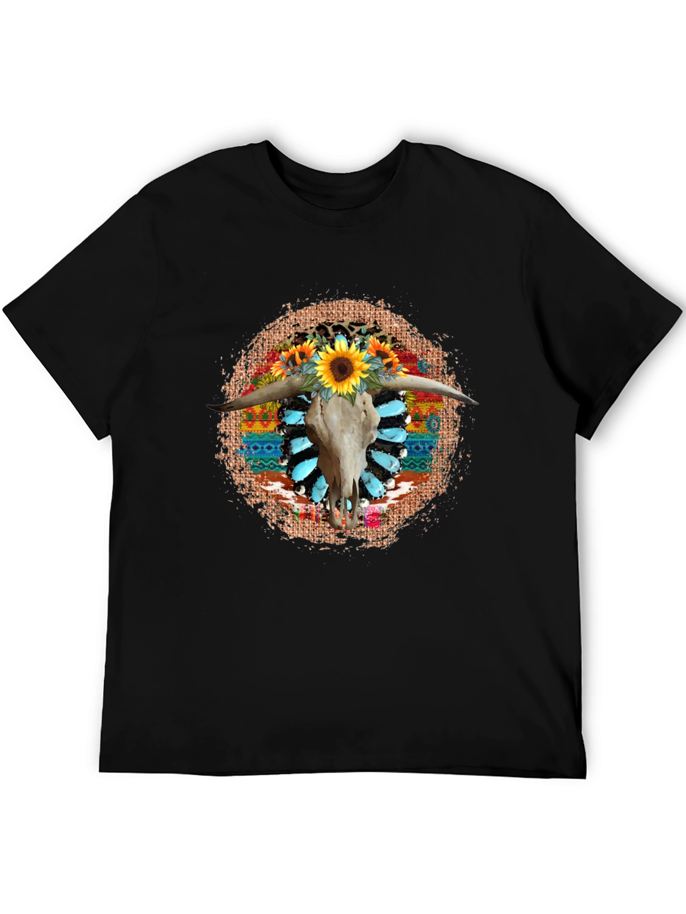 Black Rustic Steer Skull Sunflower Graphic Tee view 5
