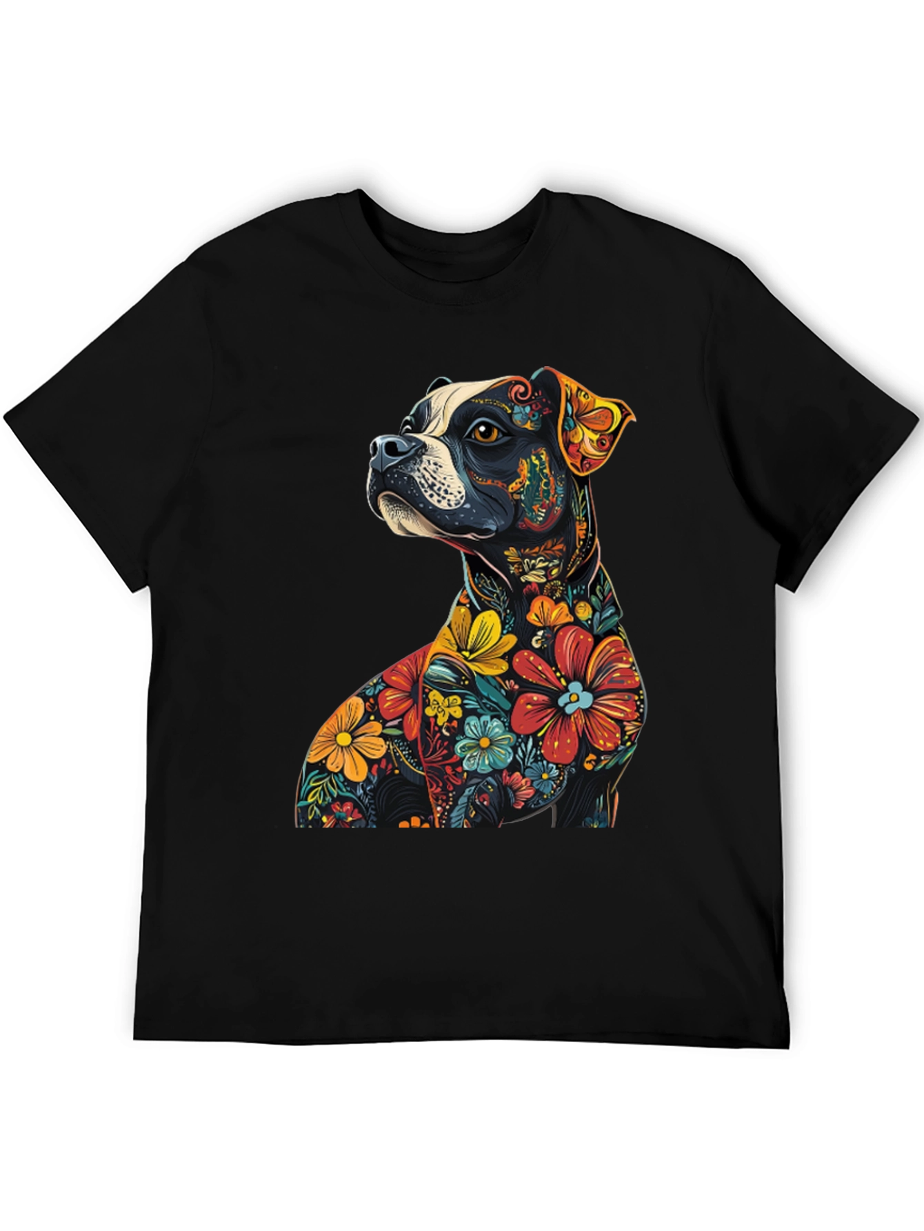 Black Floral Dog Graphic Tee - Unique Black T-Shirt view 5
