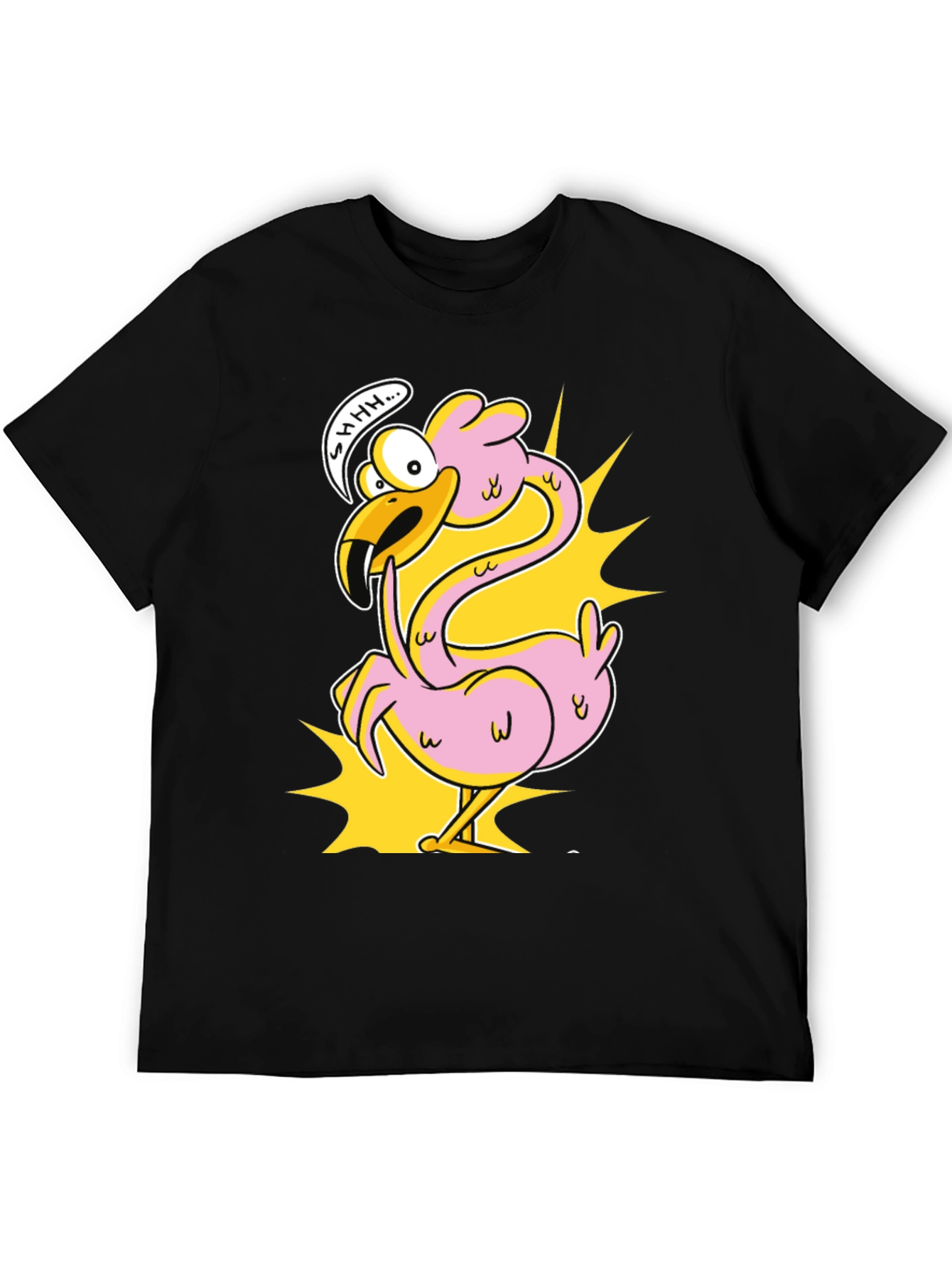 Black Shhh! Flamingo Cartoon Graphic T-Shirt view 5