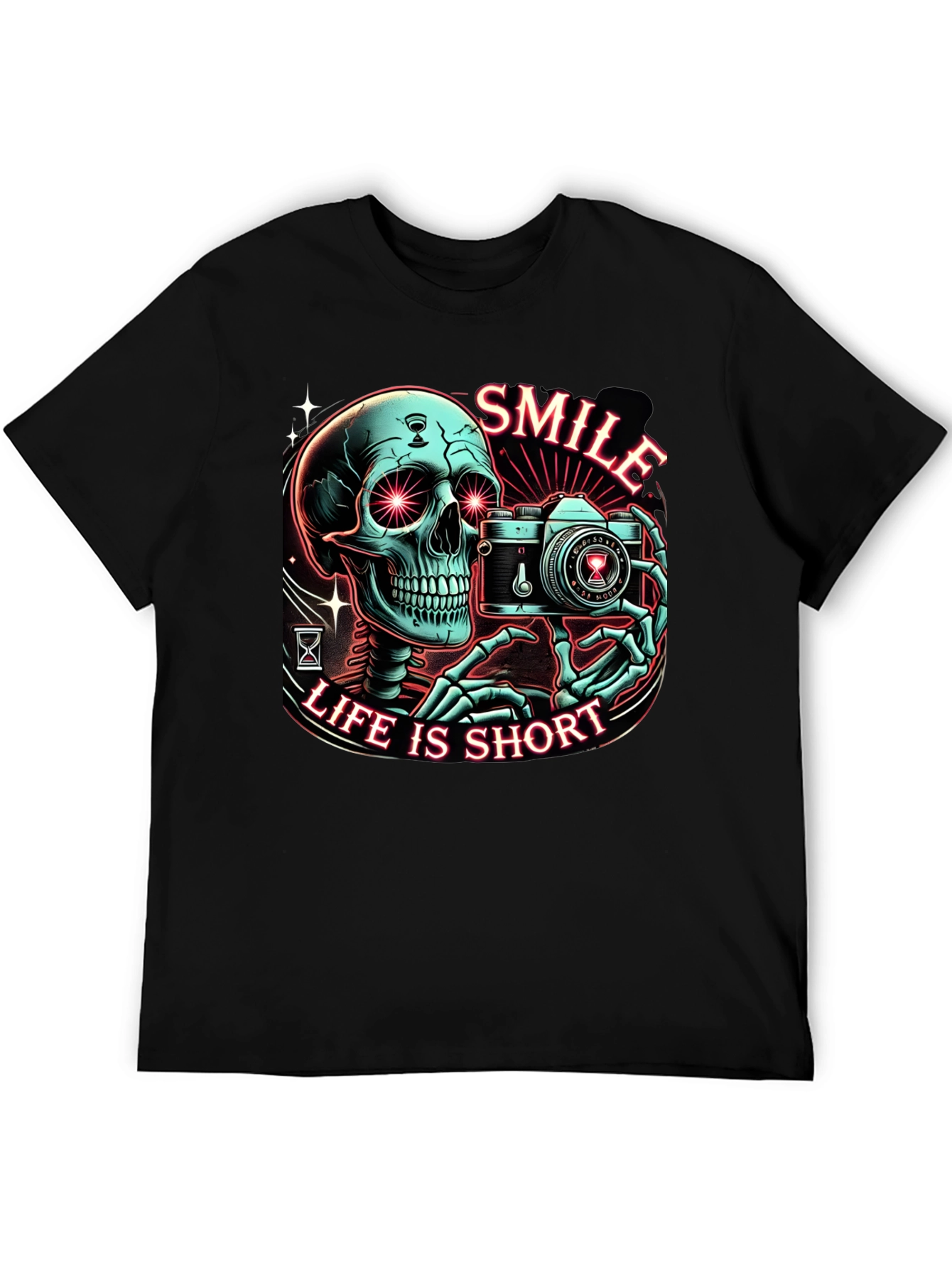 Black Smile Life is Short Graphic Tee - Camera Skeleton T-Shirt view 5
