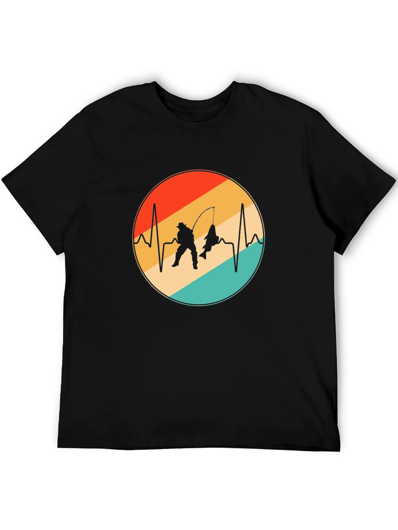 Black Fisherman Heartbeat T-Shirt - Fishing Lover Gift view 5