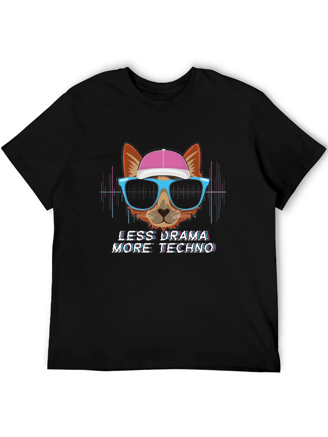 Black Less Drama More Techno T-Shirt - Cat with Glasses view 5