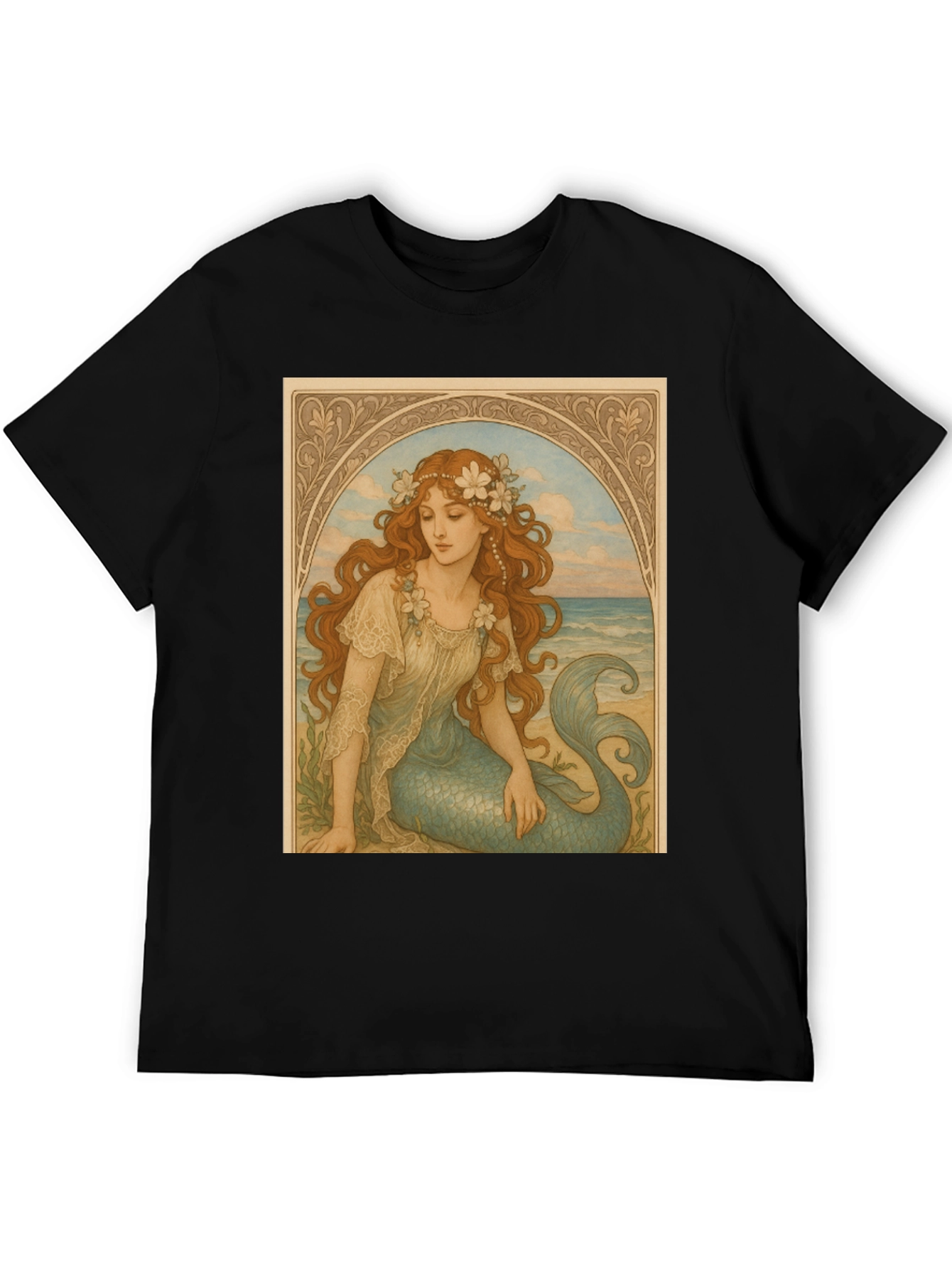 Black Mermaid Art Nouveau Graphic T-Shirt view 5