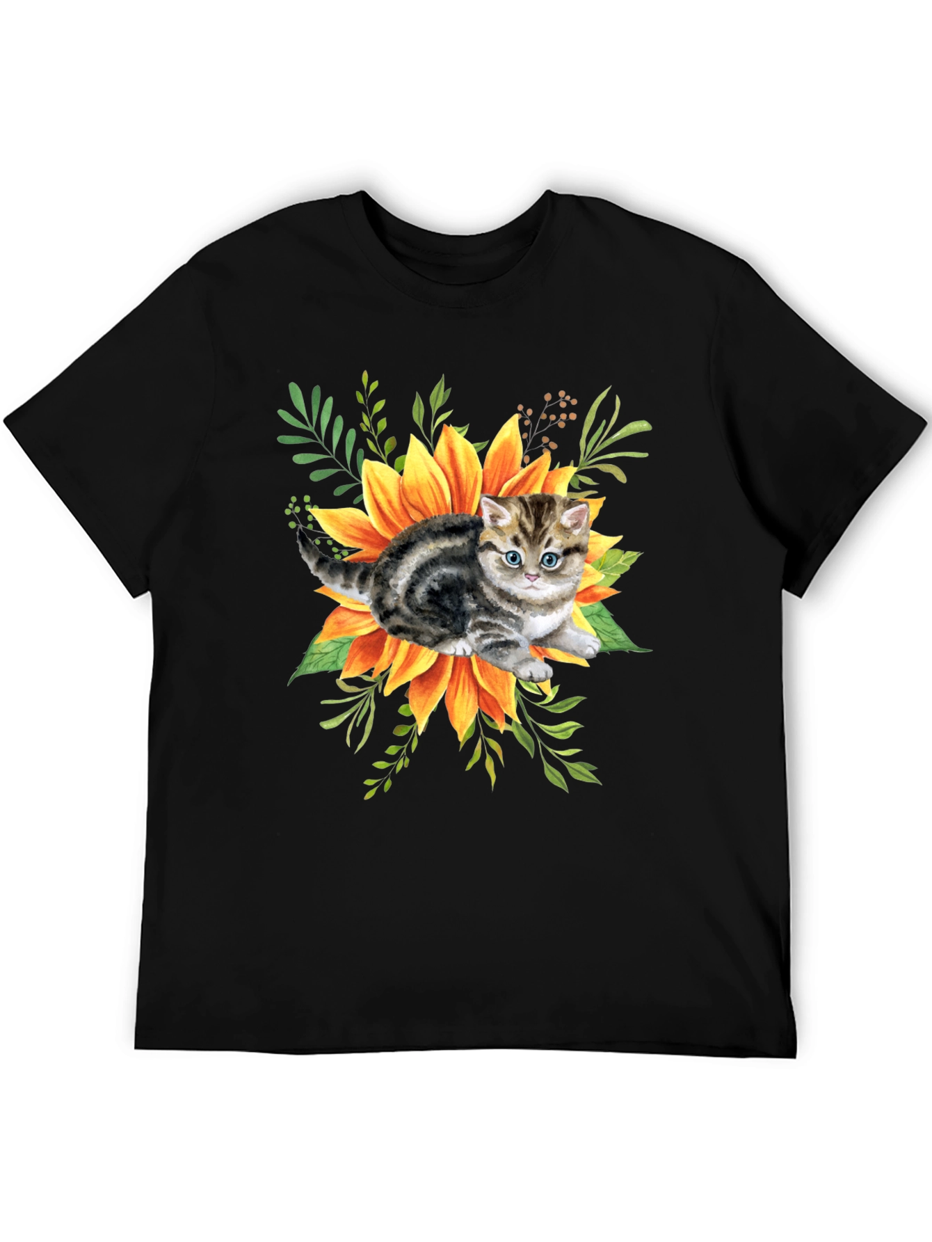 Black Kitten & Sunflower Graphic Tee - Black Cotton Blend view 5