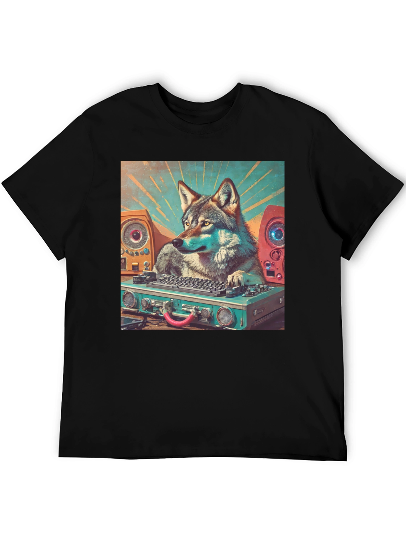 Black DJ Wolf Graphic Tee - Cool Animal Music Lover T-Shirt view 5