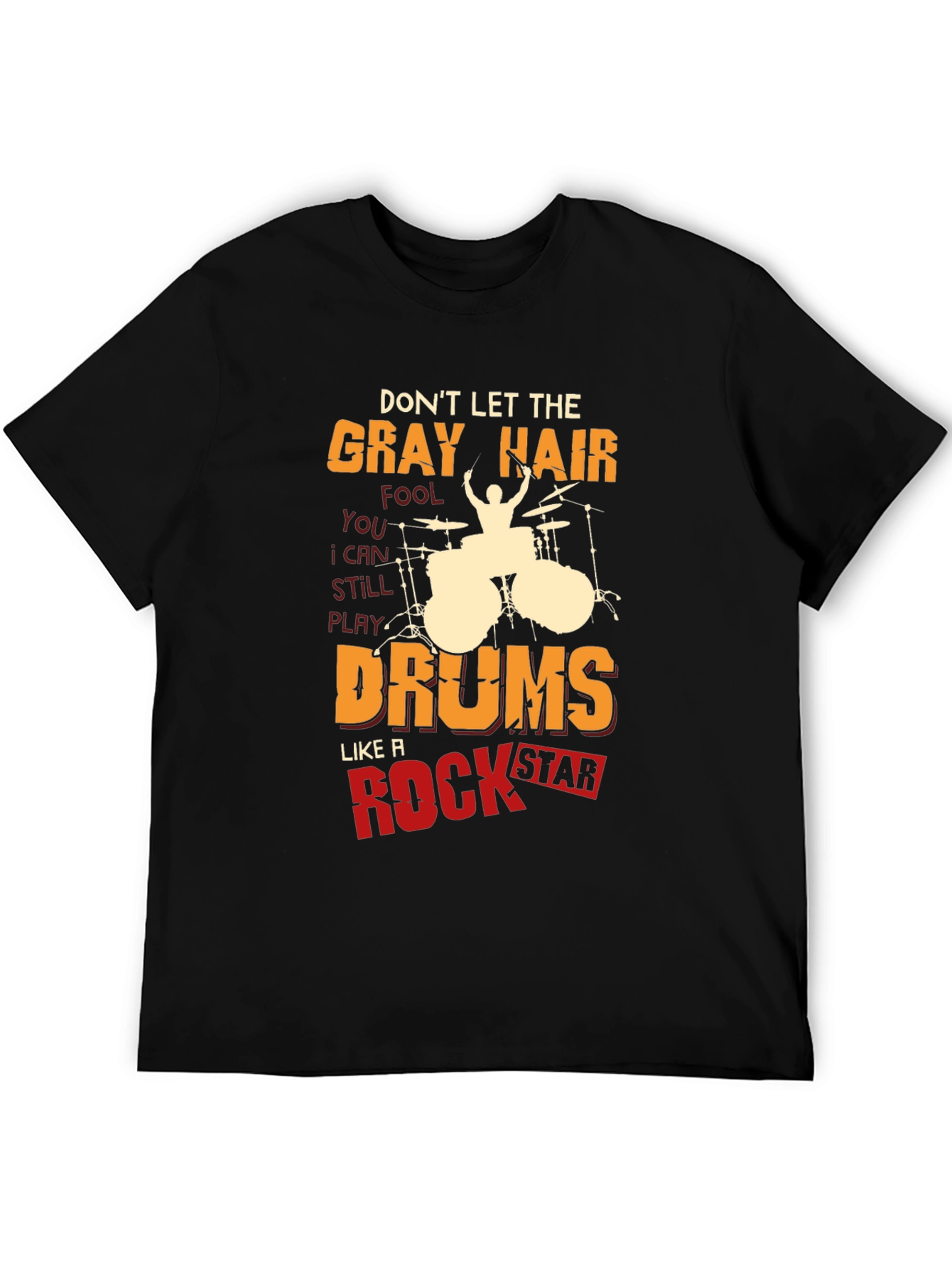 Black Gray Hair Rock Star Drums Graphic Tee view 5
