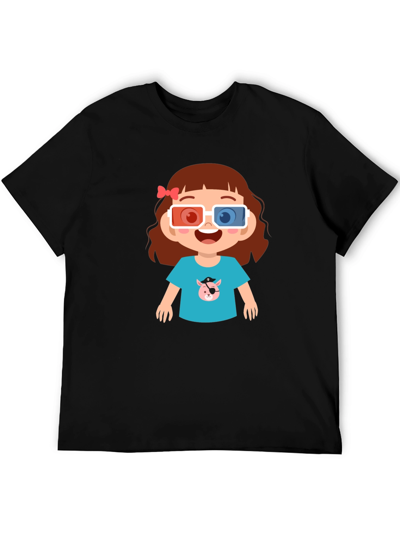 Black Cute Cartoon Girl 3D Glasses Black T-Shirt view 5