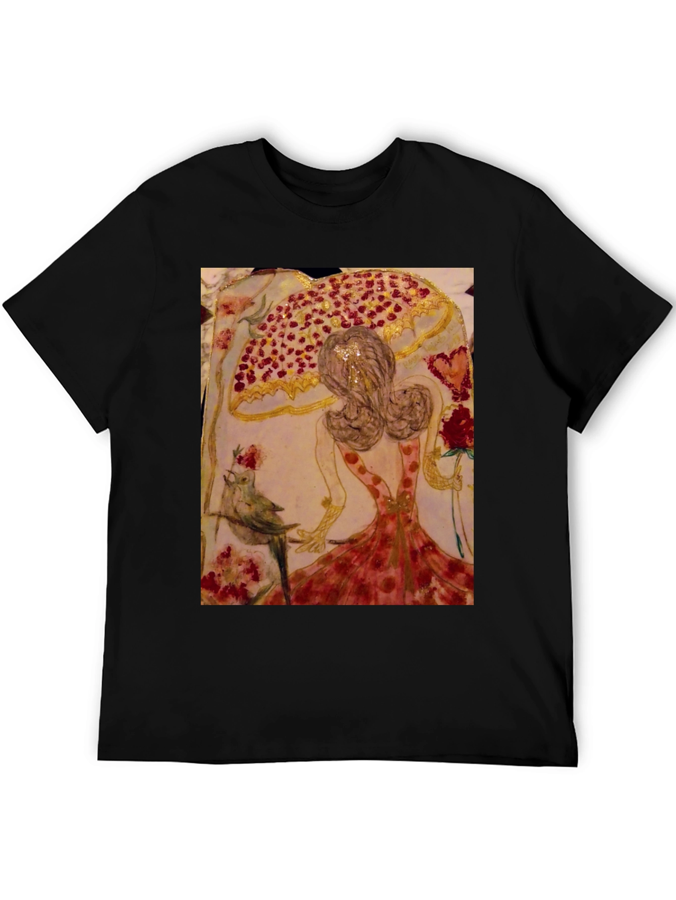 Black Whimsical Art T-Shirt: Bird, Roses, & Dancer view 5