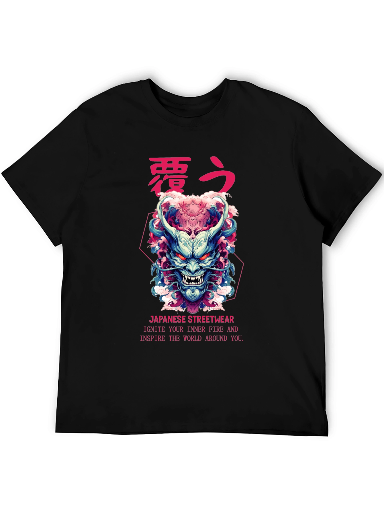 Black Japanese Oni Mask Graphic T-Shirt view 5