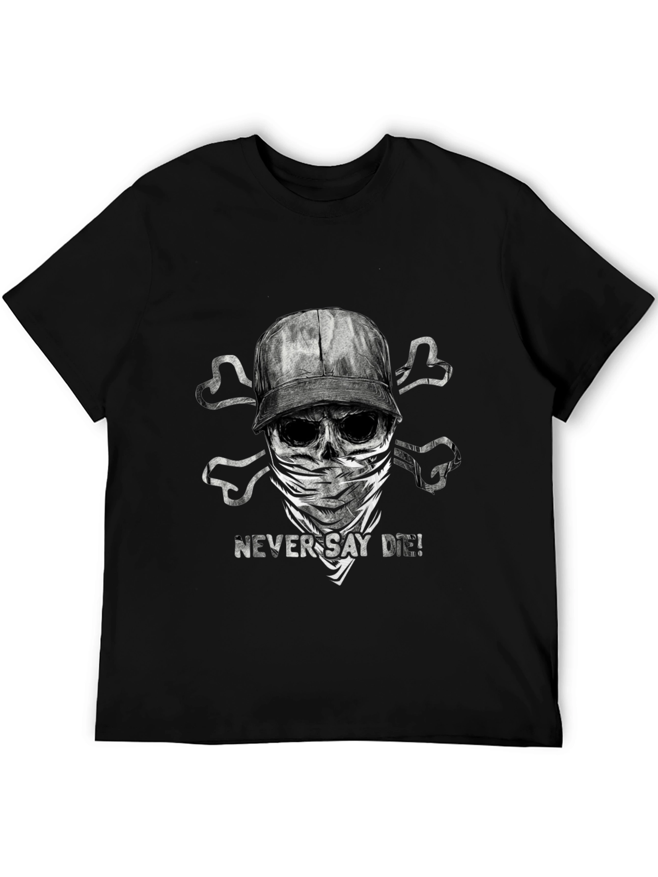 Black Never Say Die T-Shirt - Skull & Crossbones Design view 5