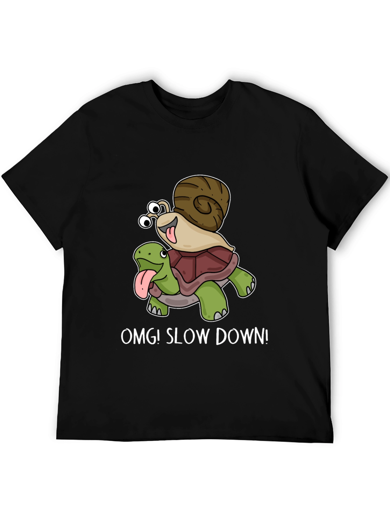 Black OMG! Slow Down T-Shirt Snail Riding Turtle view 5