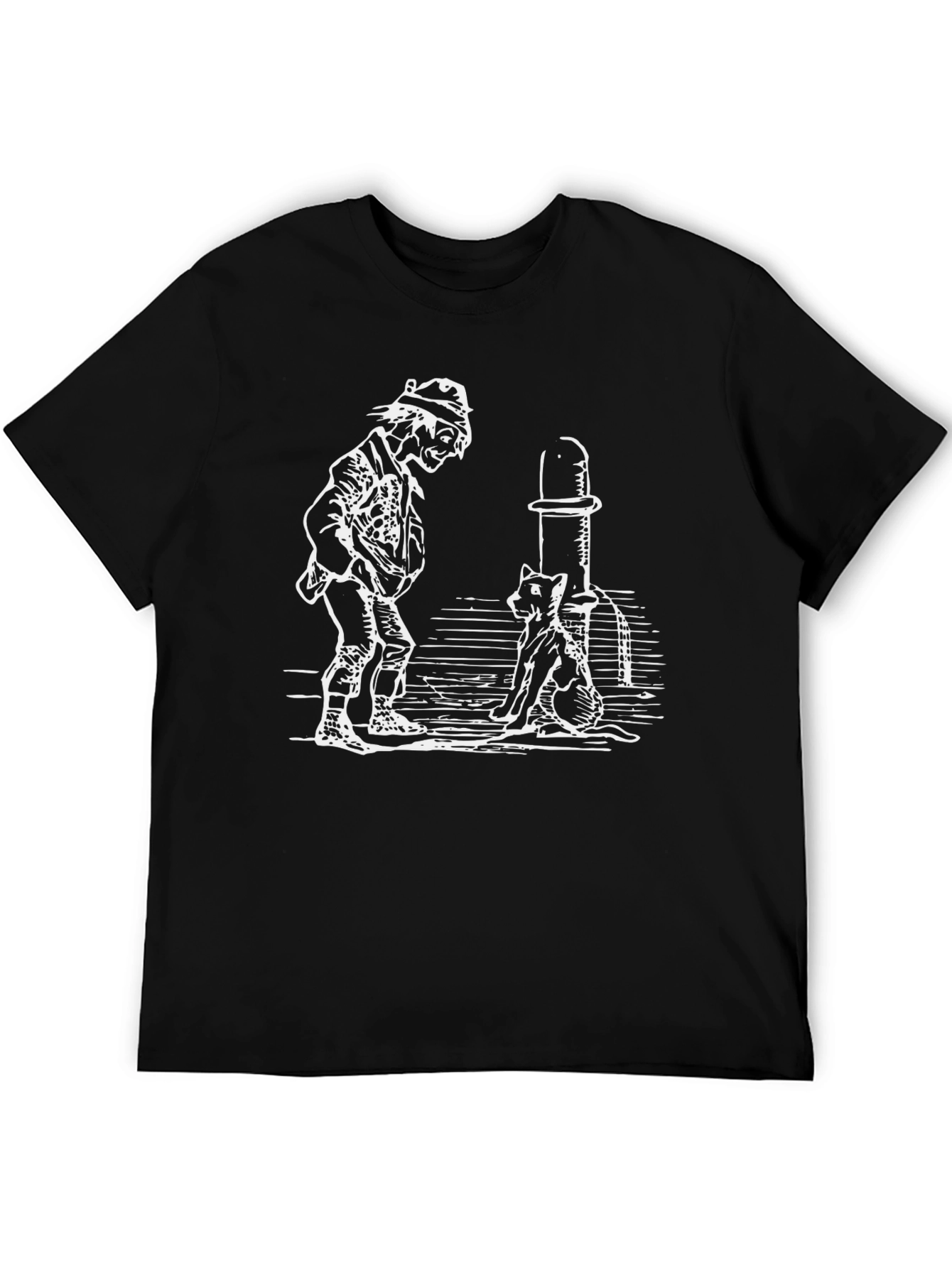 Black Man and Cat Drinking Fountain Black T-Shirt view 5