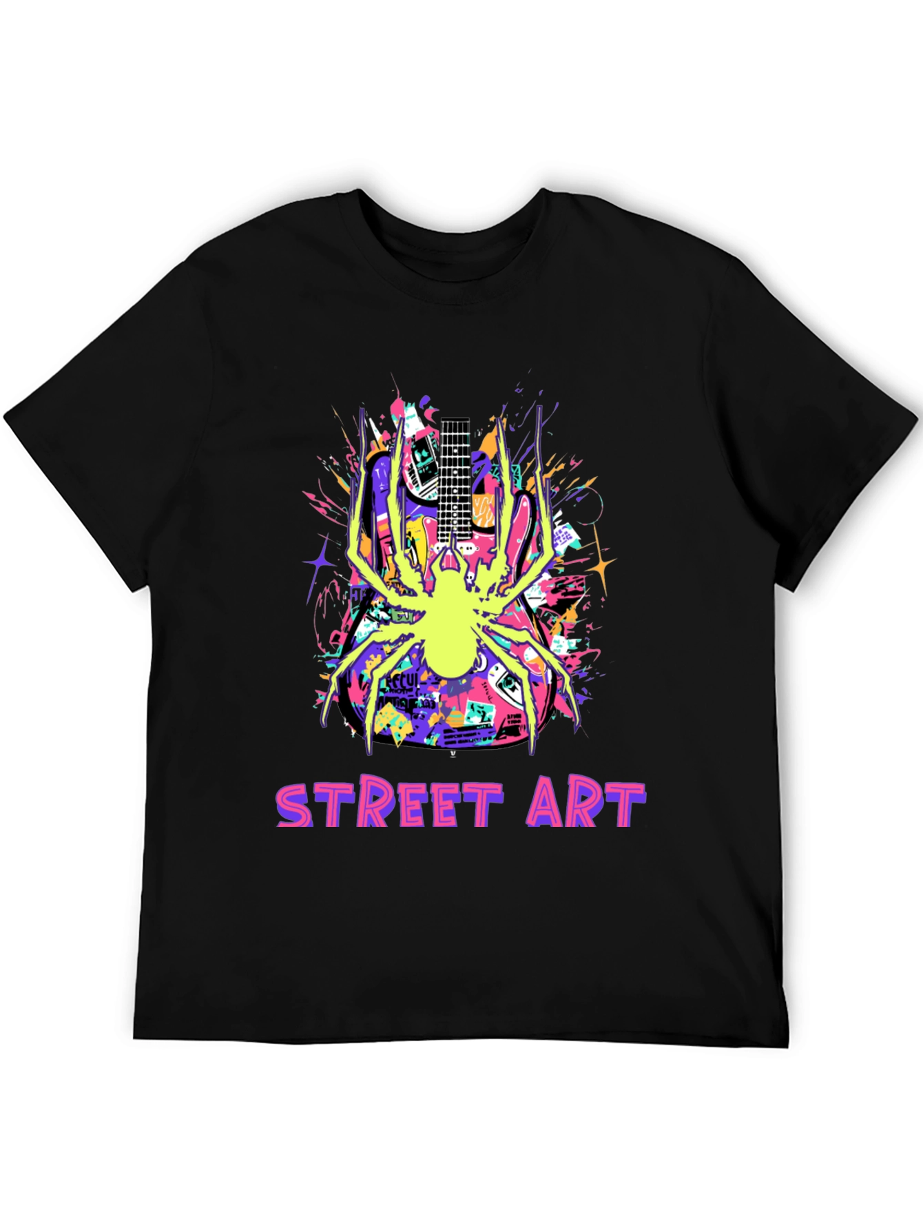 Black Street Art Guitar Spider Graphic T-Shirt view 5