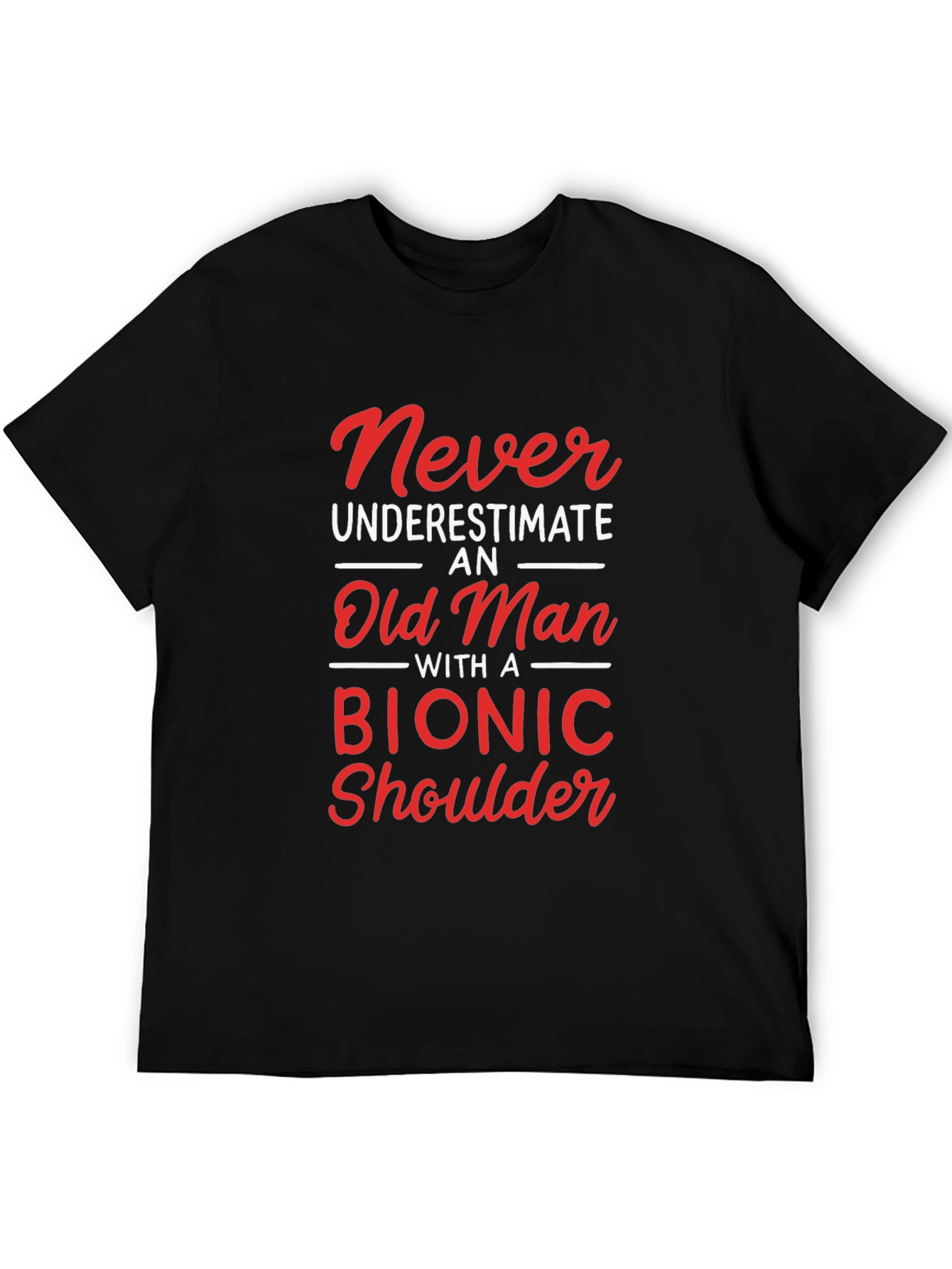 Black Funny Bionic Shoulder Old Man T-Shirt view 5