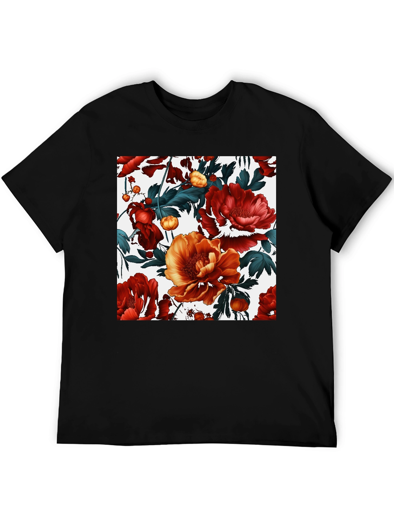 Black Floral Print Black Crew Neck T-Shirt view 5