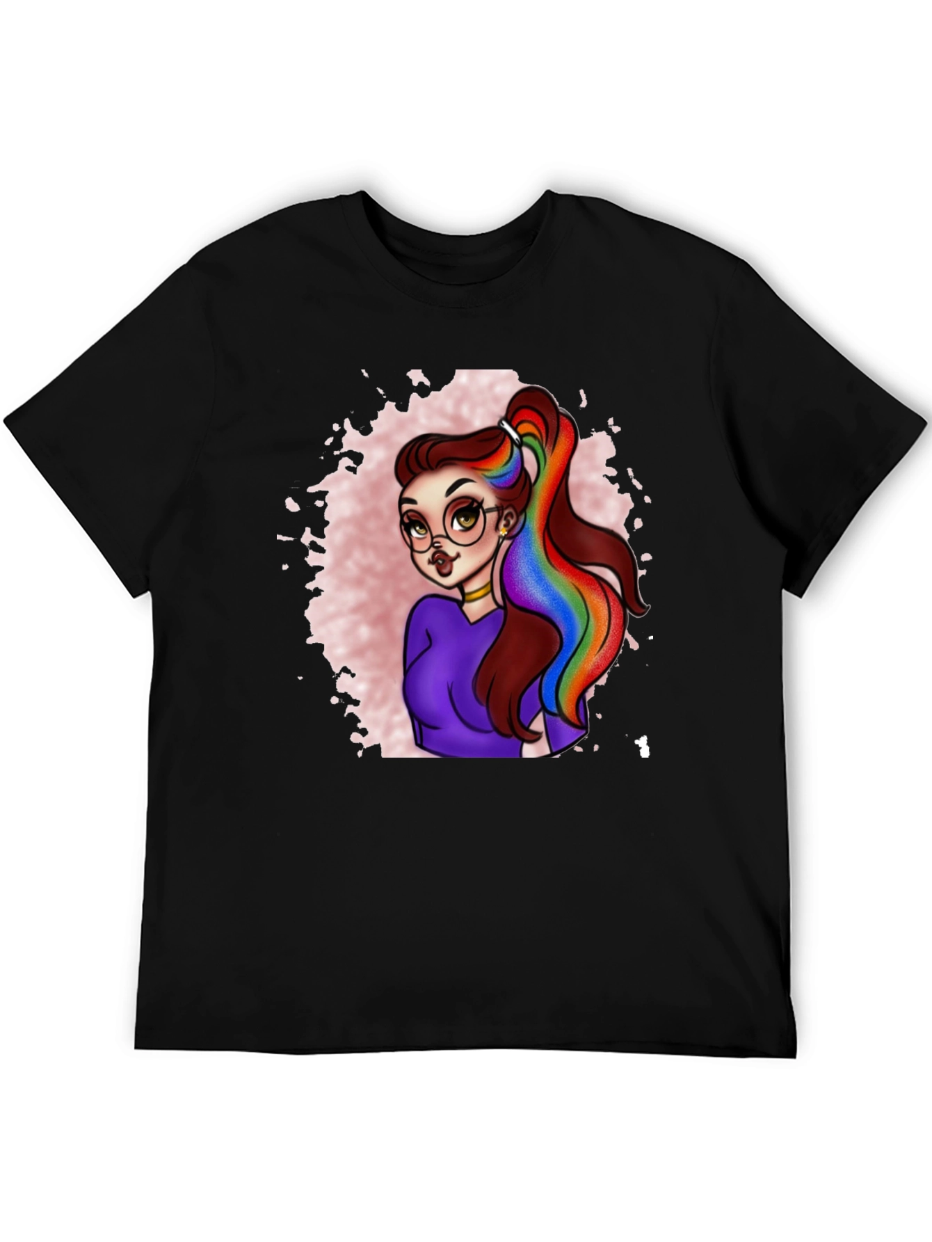 Black Rainbow Hair Cartoon Graphic T-Shirt view 5