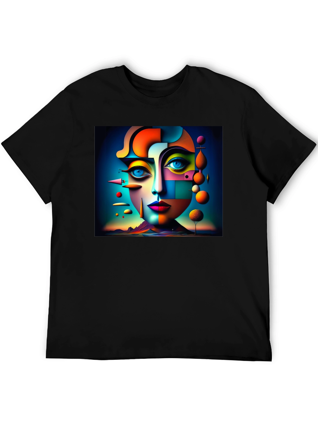 Black Abstract Geometric Face Art Black T-Shirt view 5