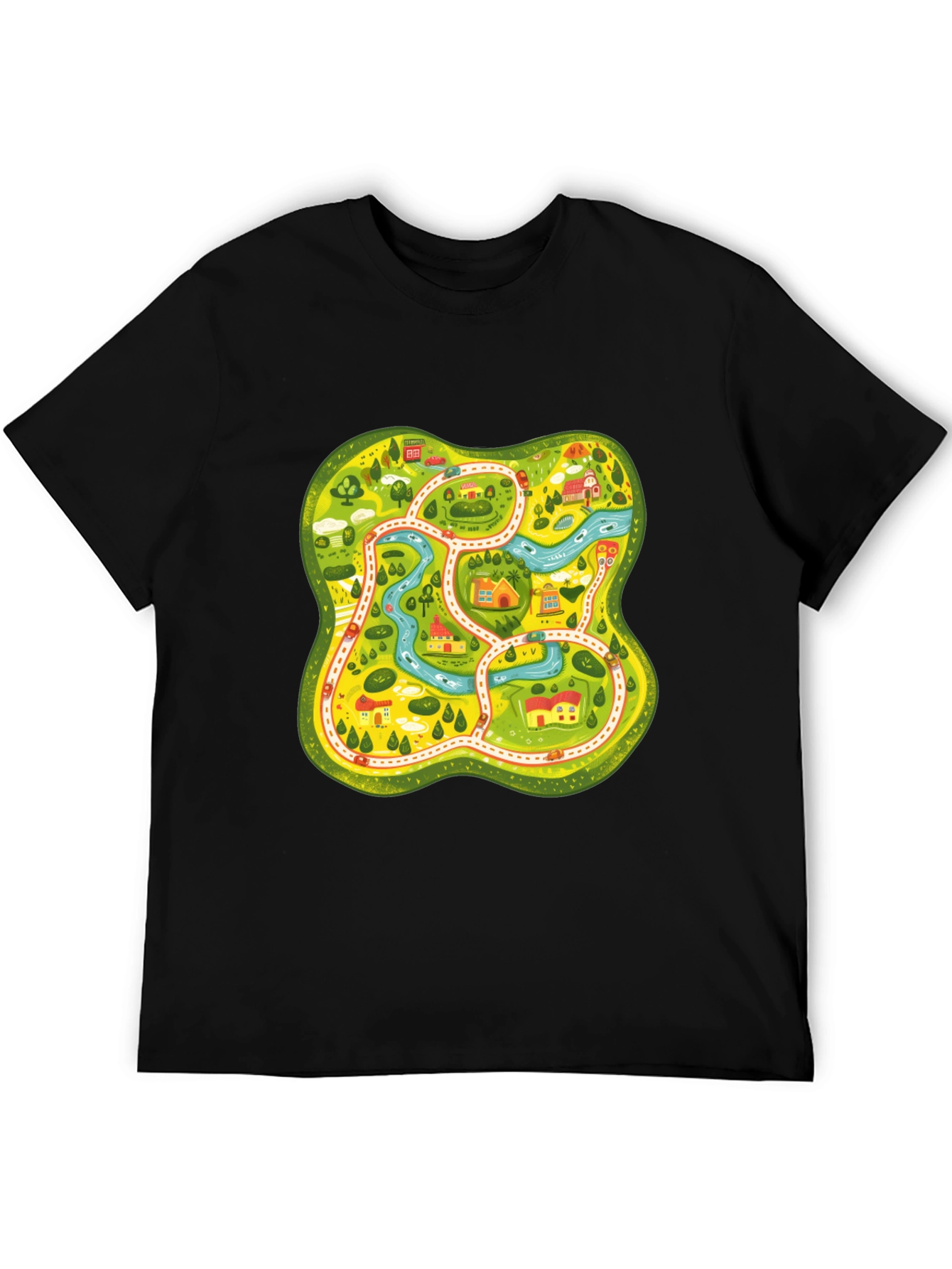 Cartoon Map Graphic Tee - Black Unisex T-Shirt - 5