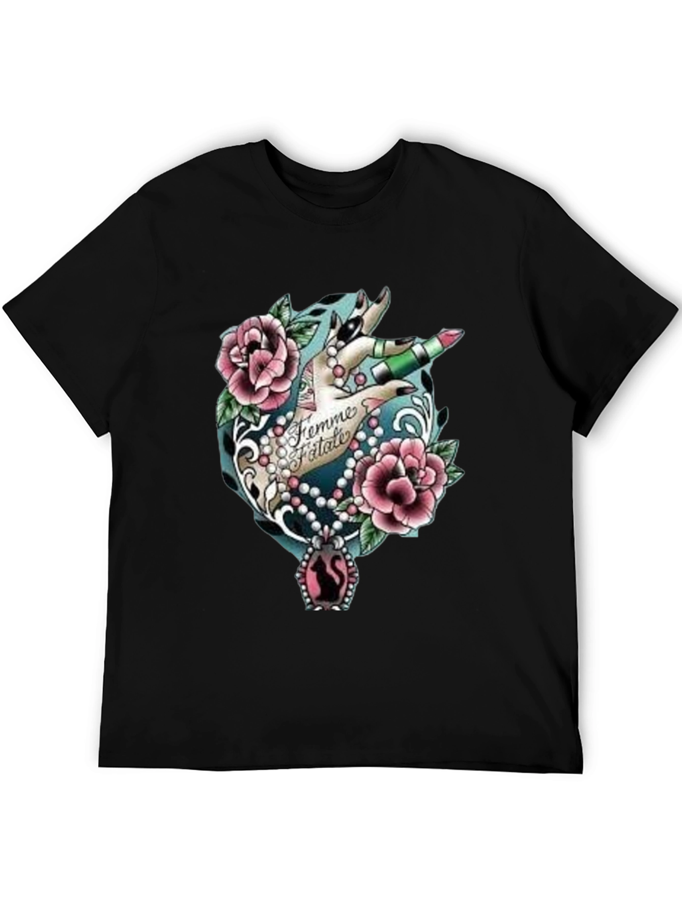 Black Femme Fatale Graphic T-Shirt - Roses & Lipstick Design view 5