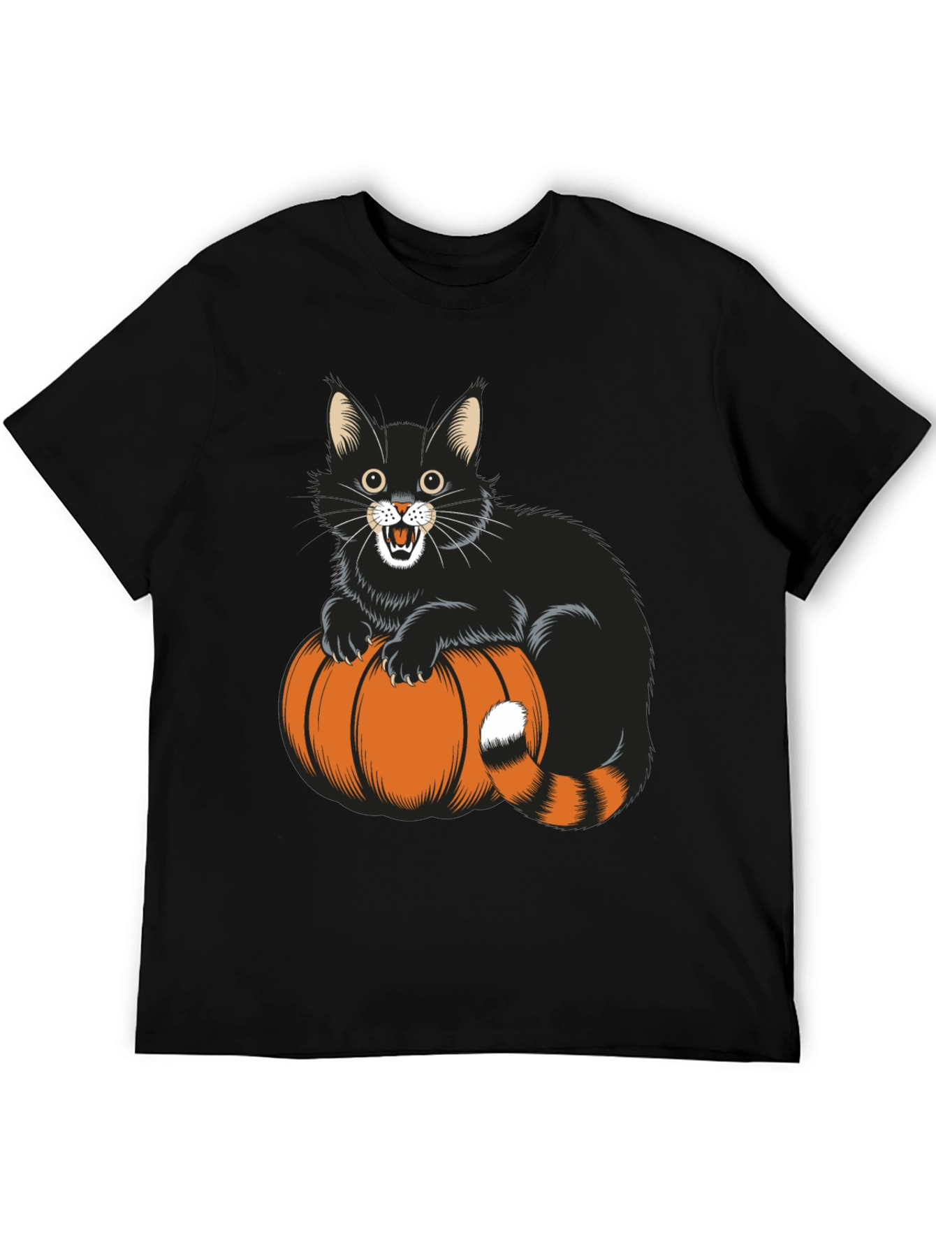 Black Halloween Cat & Pumpkin Black T-Shirt view 5
