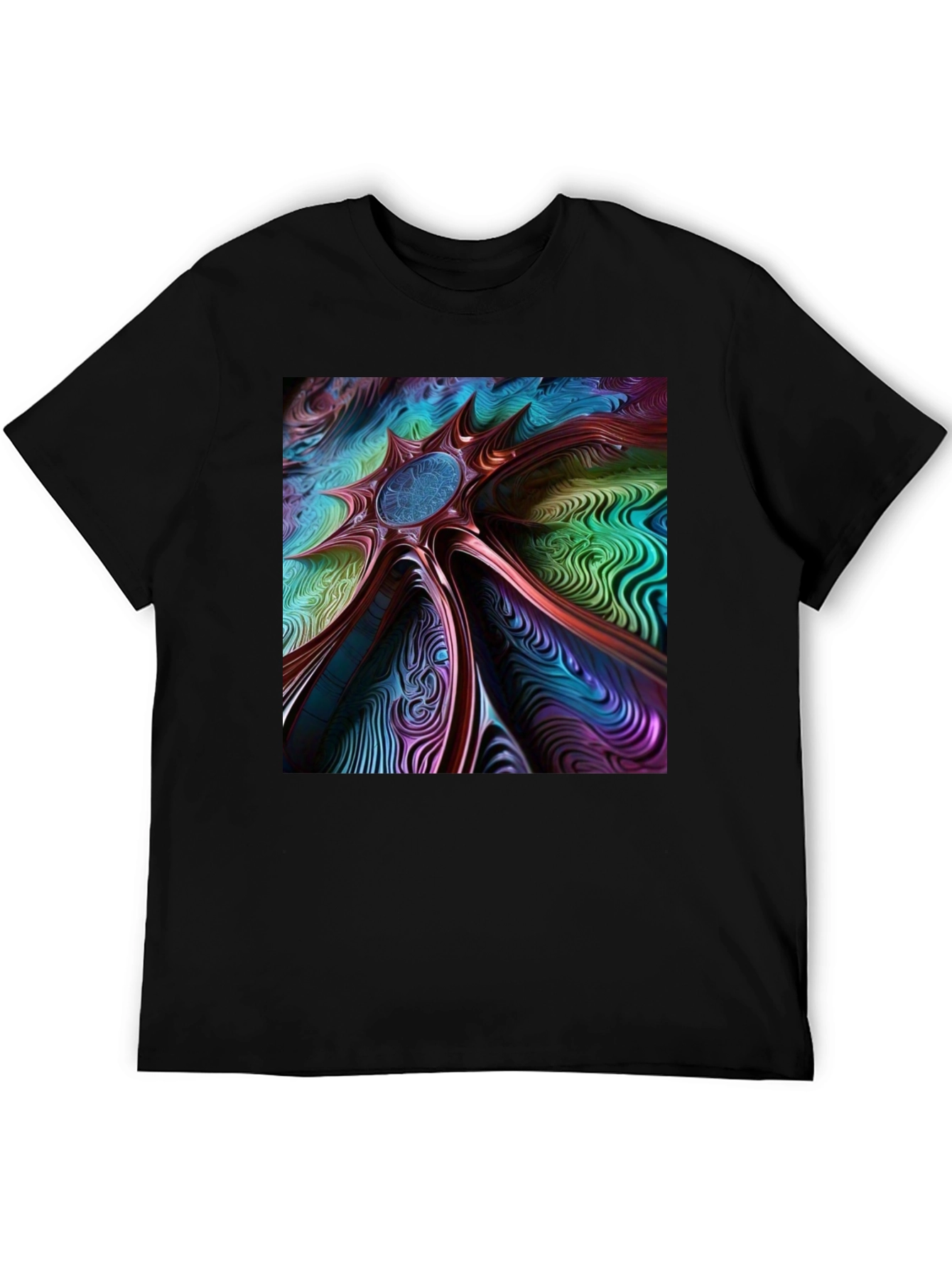 Black Abstract Art Tee: Colorful Vortex Design view 5