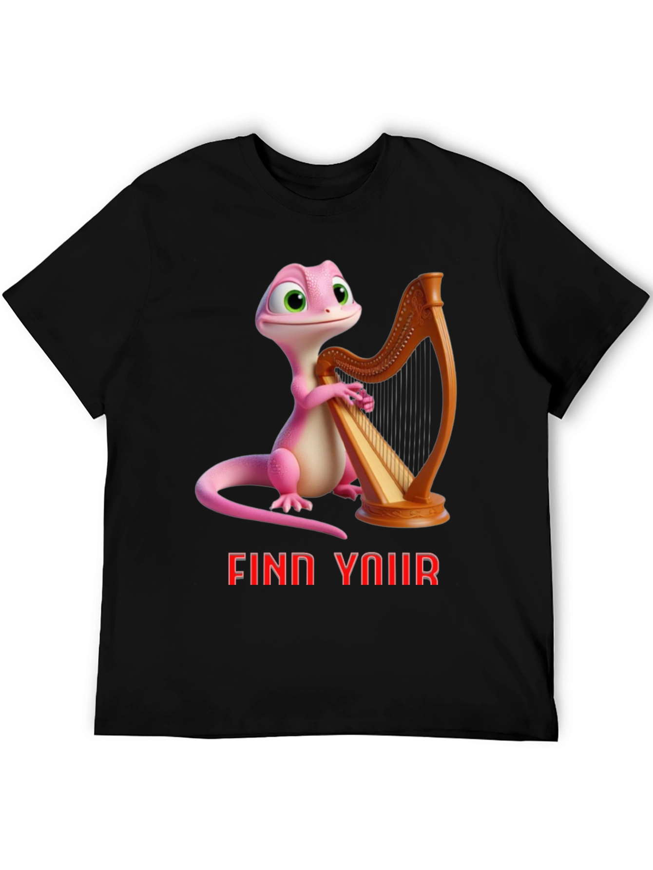Black Whimsical Gecko Harpist Graphic Tee view 5