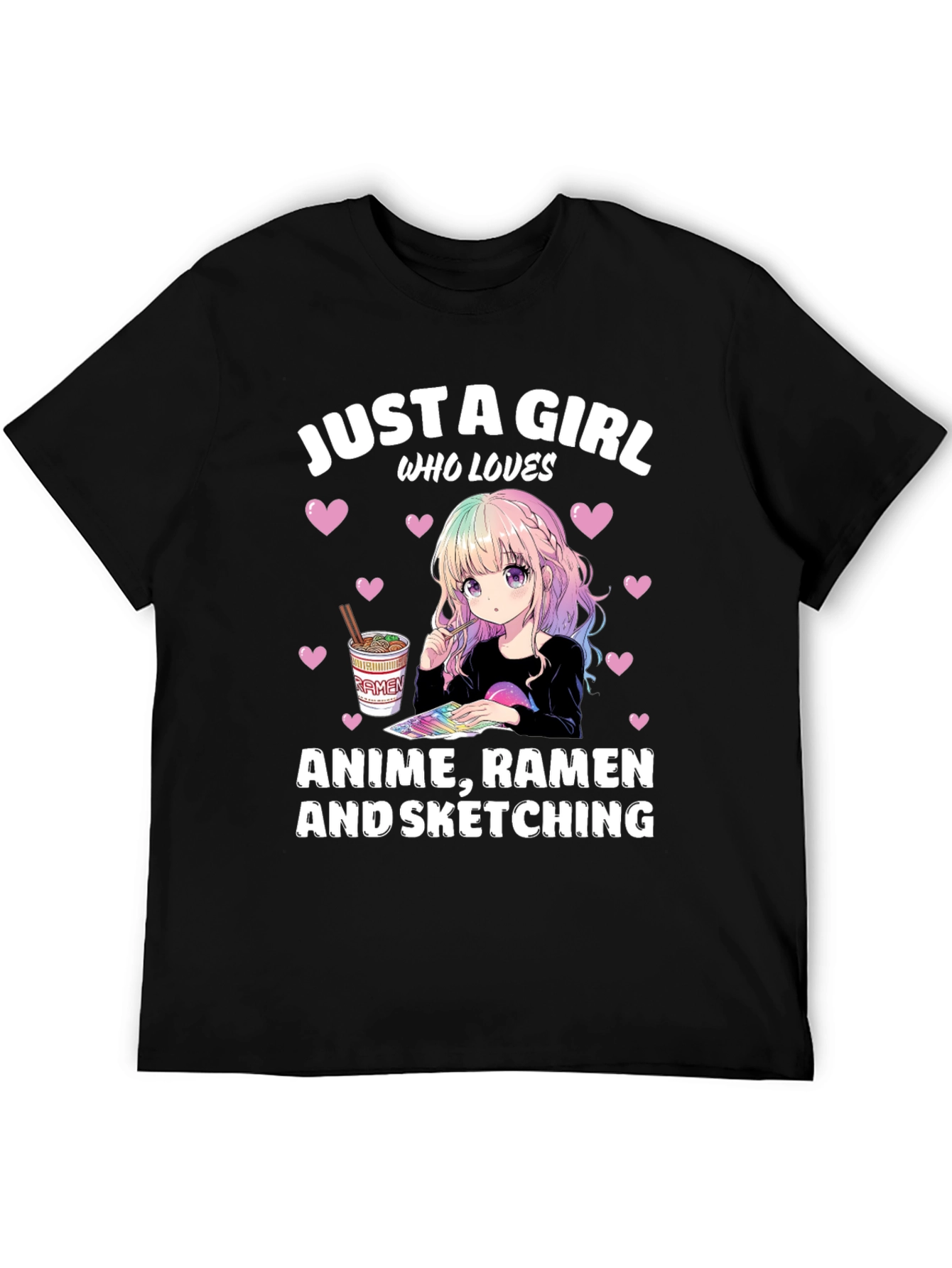 Black Anime Ramen Sketching Girl's T-Shirt view 5
