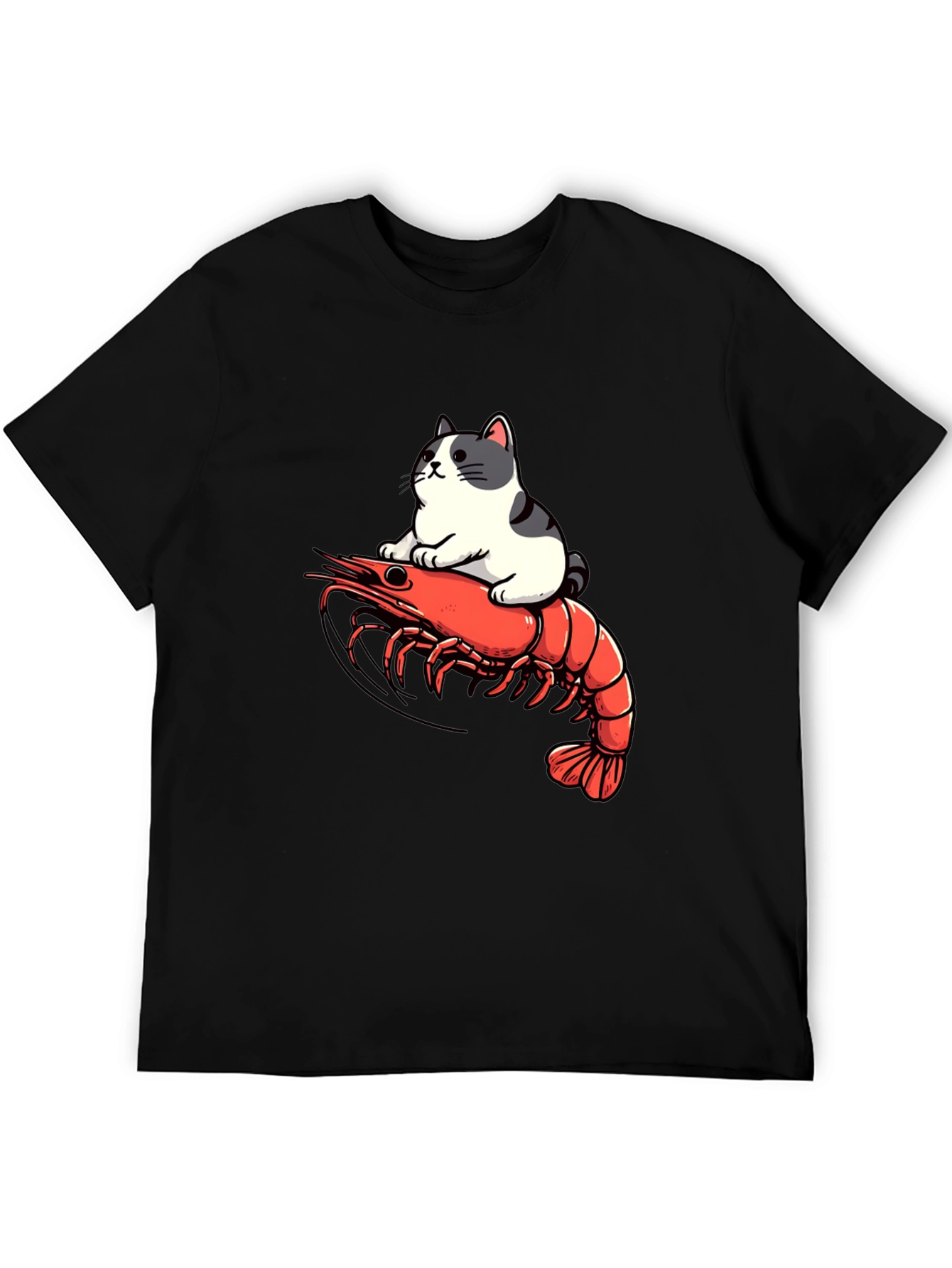 Black Cat Riding Shrimp T-Shirt - Funny Graphic Tee view 5