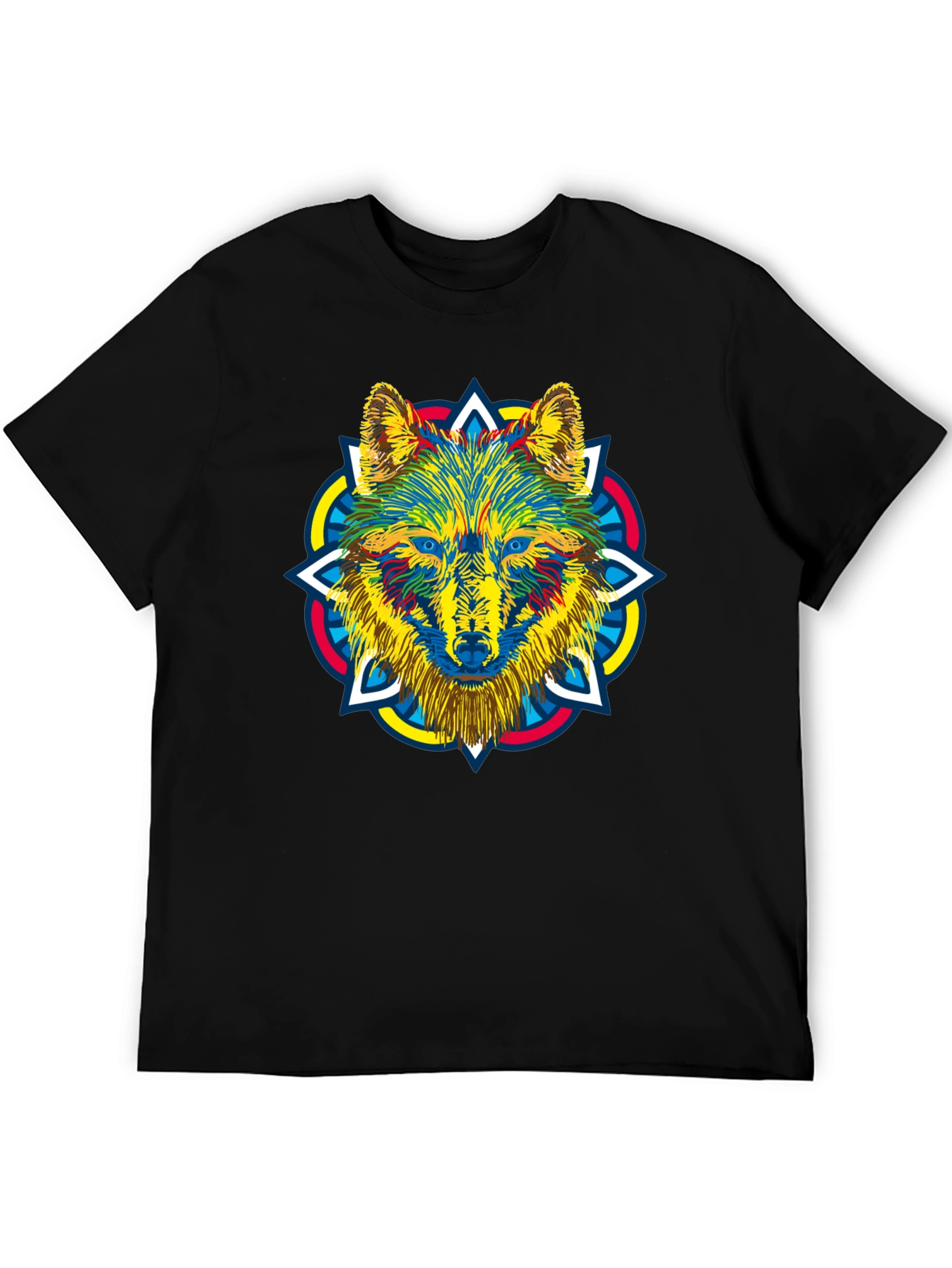 Black Wolf Mandala Graphic Print Men's Black T-Shirt view 5