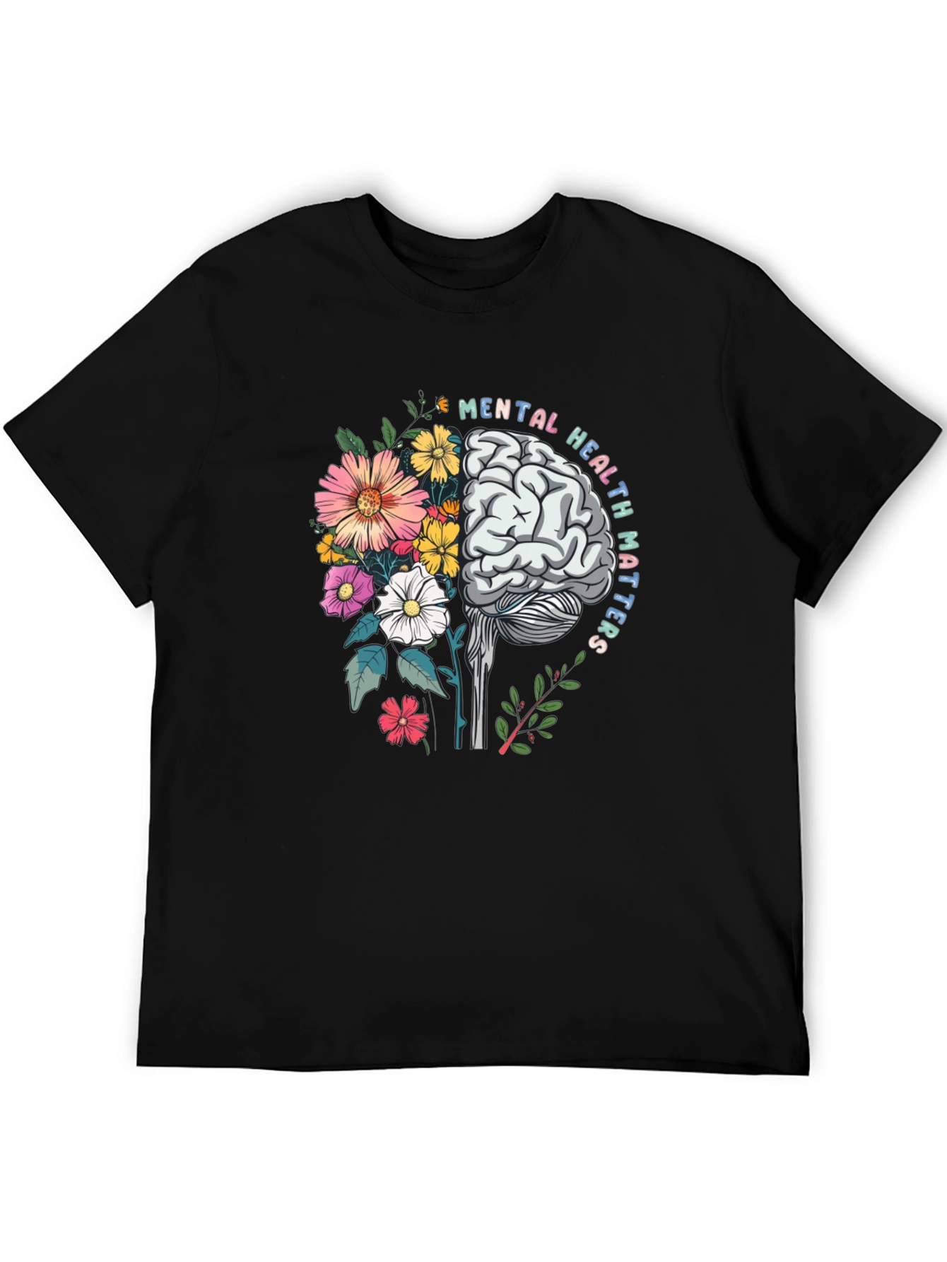 Black Mental Health Matters T-Shirt Brain Flowers Graphic view 5