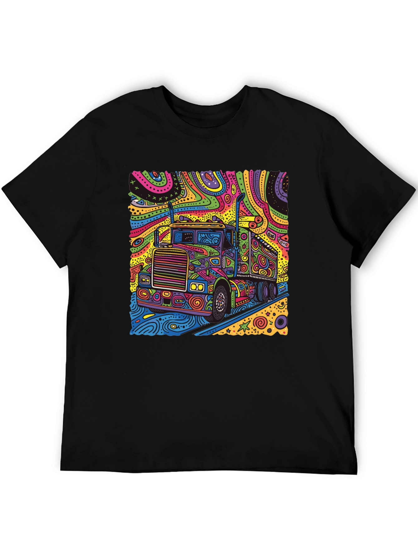 Black Psychedelic Truck T-Shirt - Colorful Semi Truck Design view 5