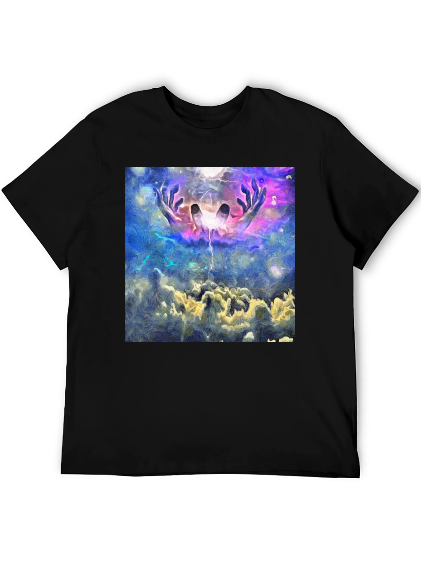 Abstract Hands in Sky Graphic Black T-Shirt - 5
