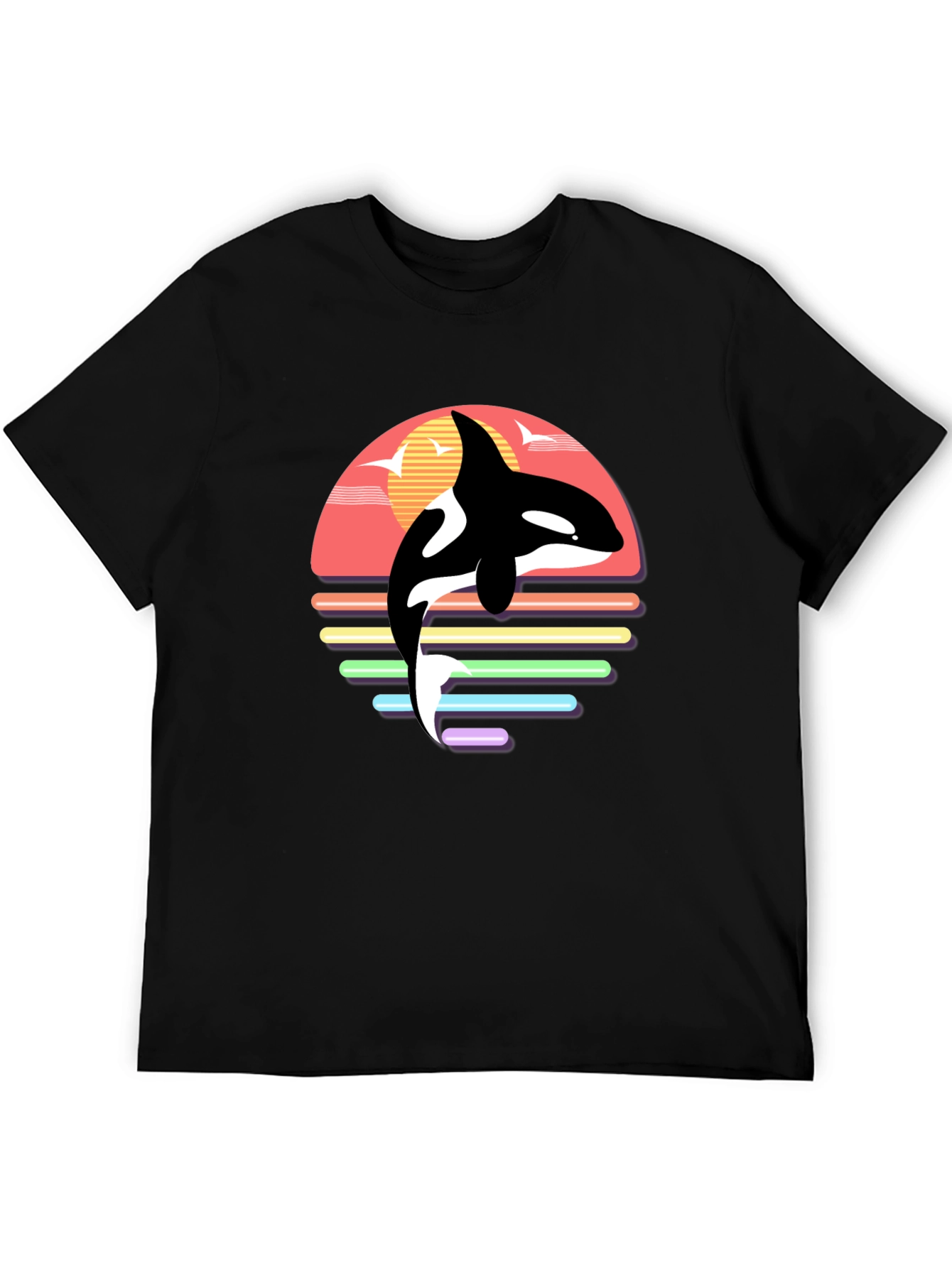 Black Retro Orca Whale Sunset Graphic T-Shirt view 5