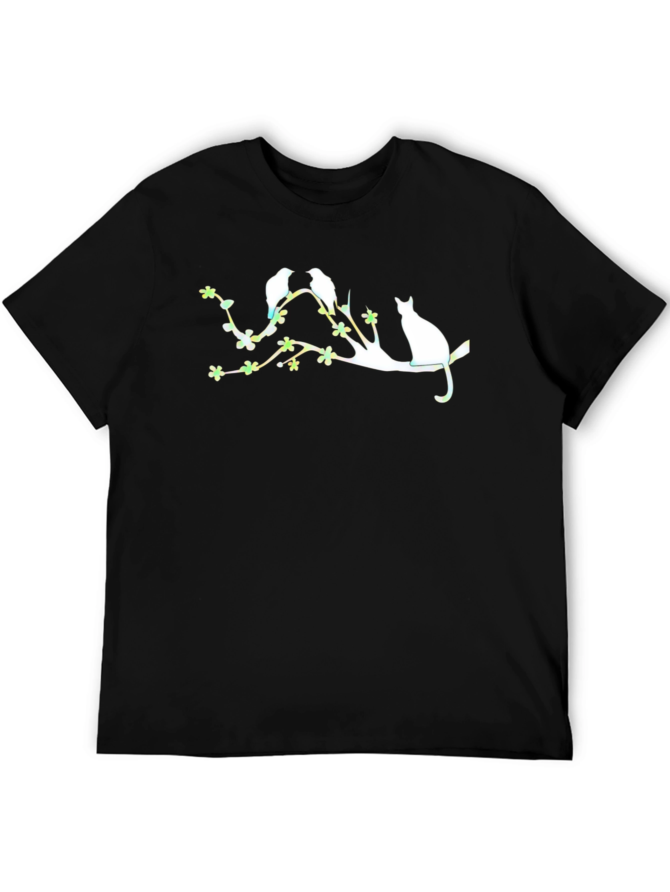 Black Birds, Cat, & Blossoms Black Graphic Tee view 5