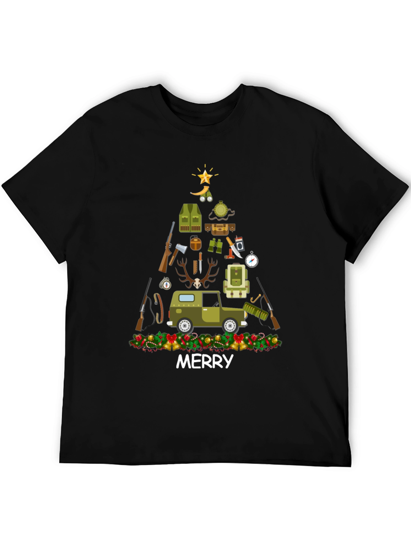 Black Merry Hunting Christmas Tree T-Shirt view 5