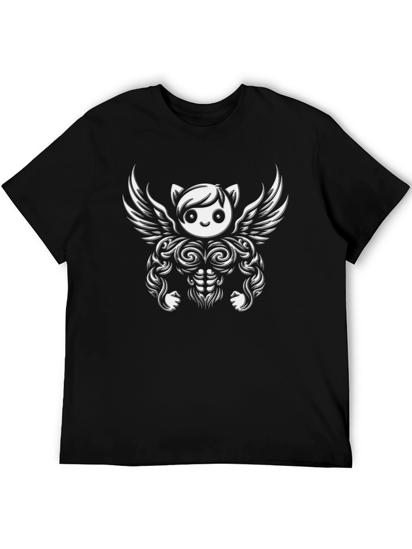 Black Funny Cartoon Angel Gym Bodybuilder T-Shirt view 5