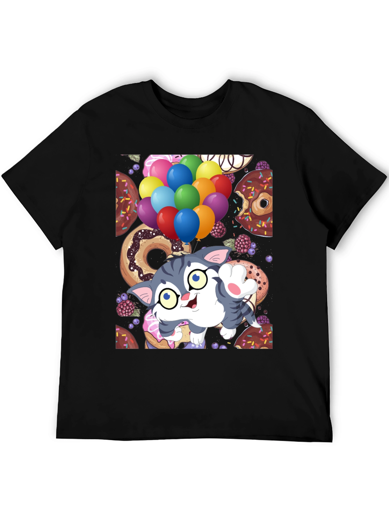 Black Cute Cartoon Cat with Balloons and Donuts T-Shirt view 5