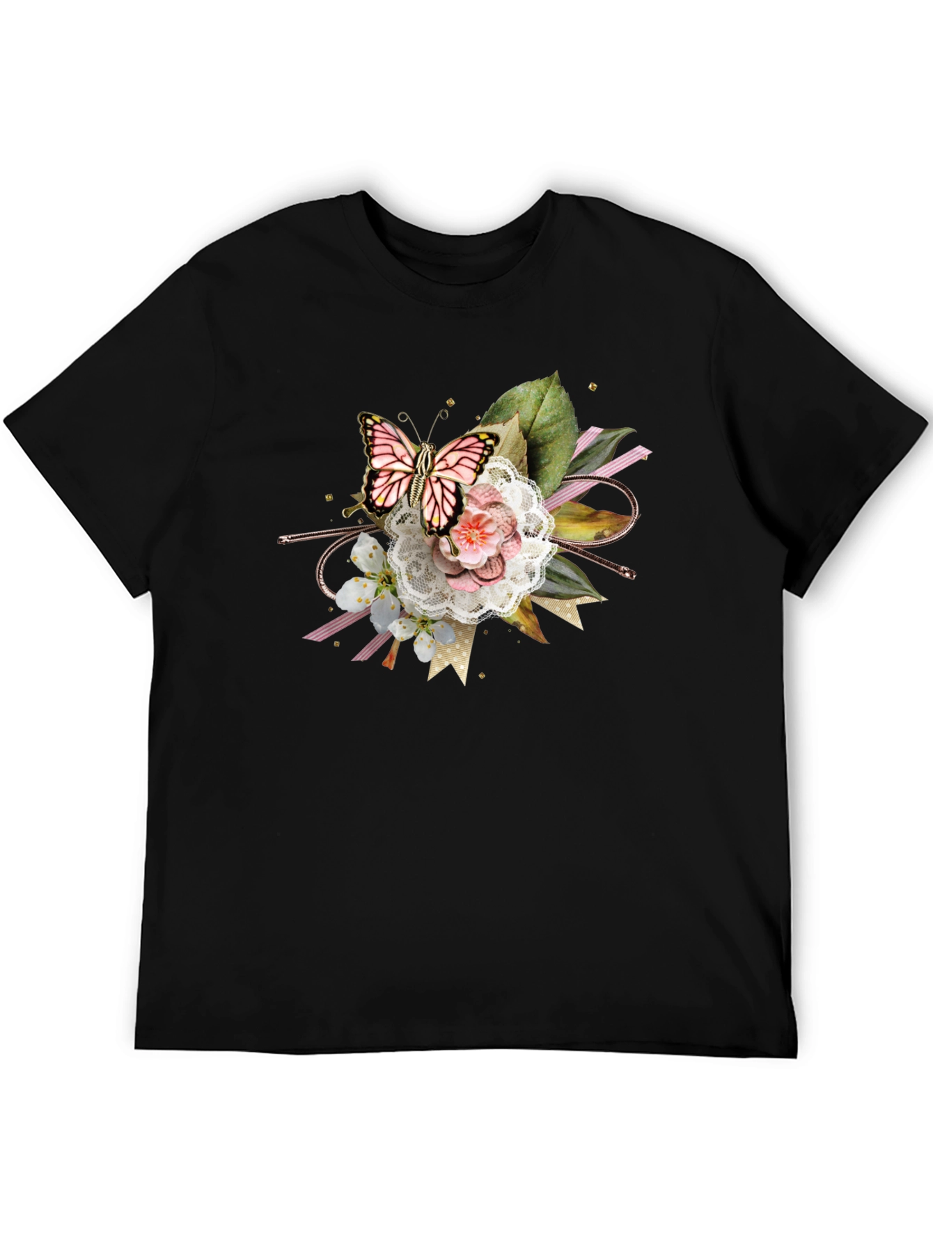 Black Butterfly Floral Graphic Tee - Black Cotton Blend view 5