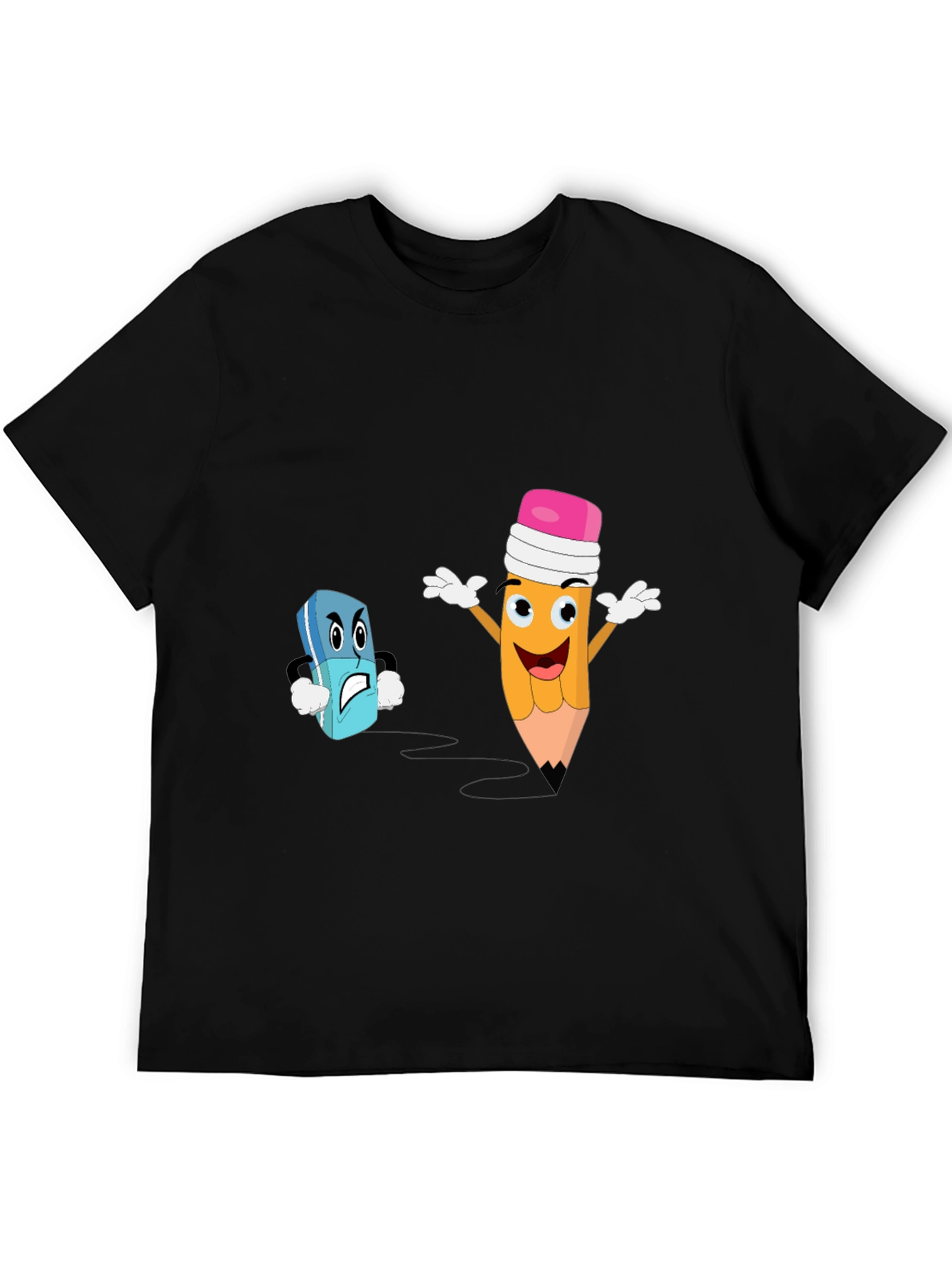Black Funny Pencil vs Eraser Cartoon Black T-Shirt view 5