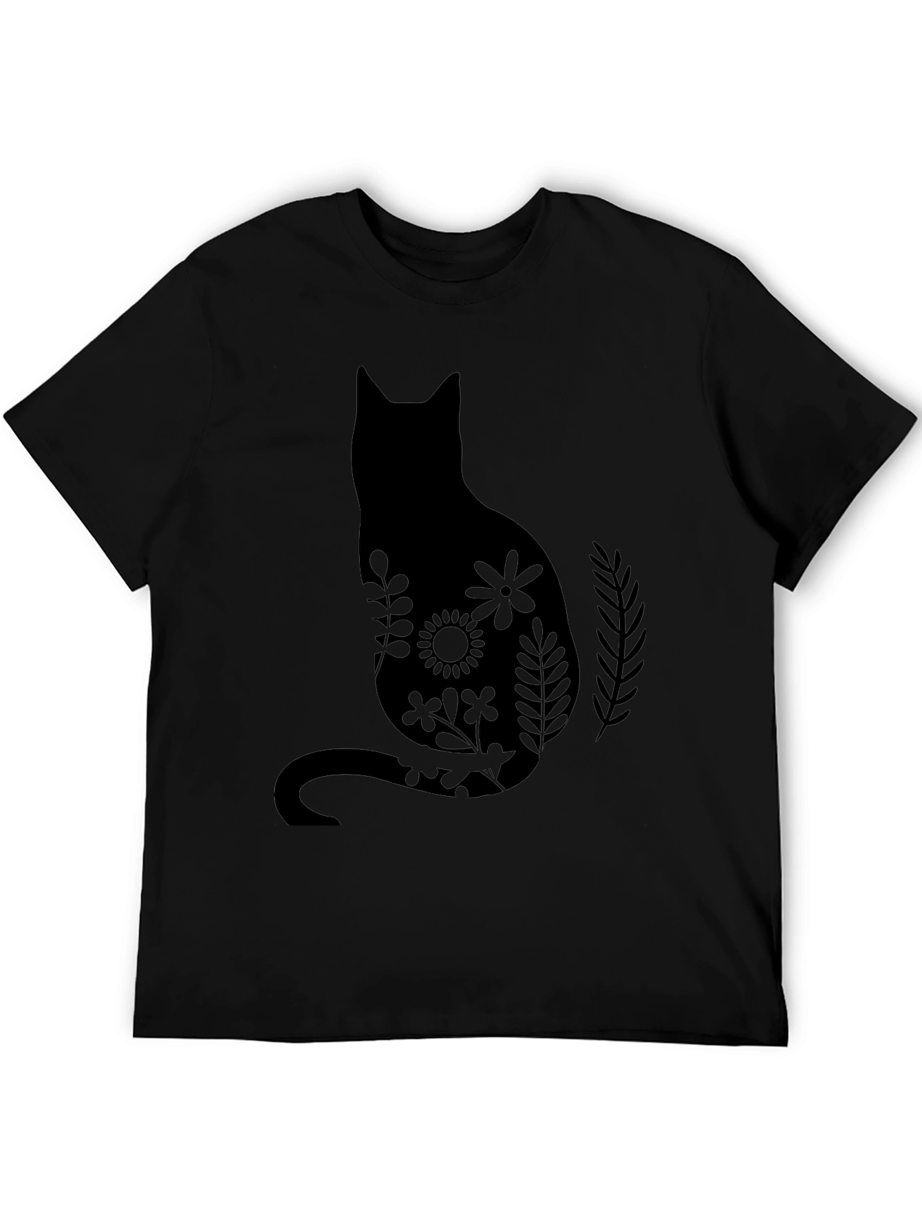 Black Floral Cat Silhouette Black T-Shirt view 5