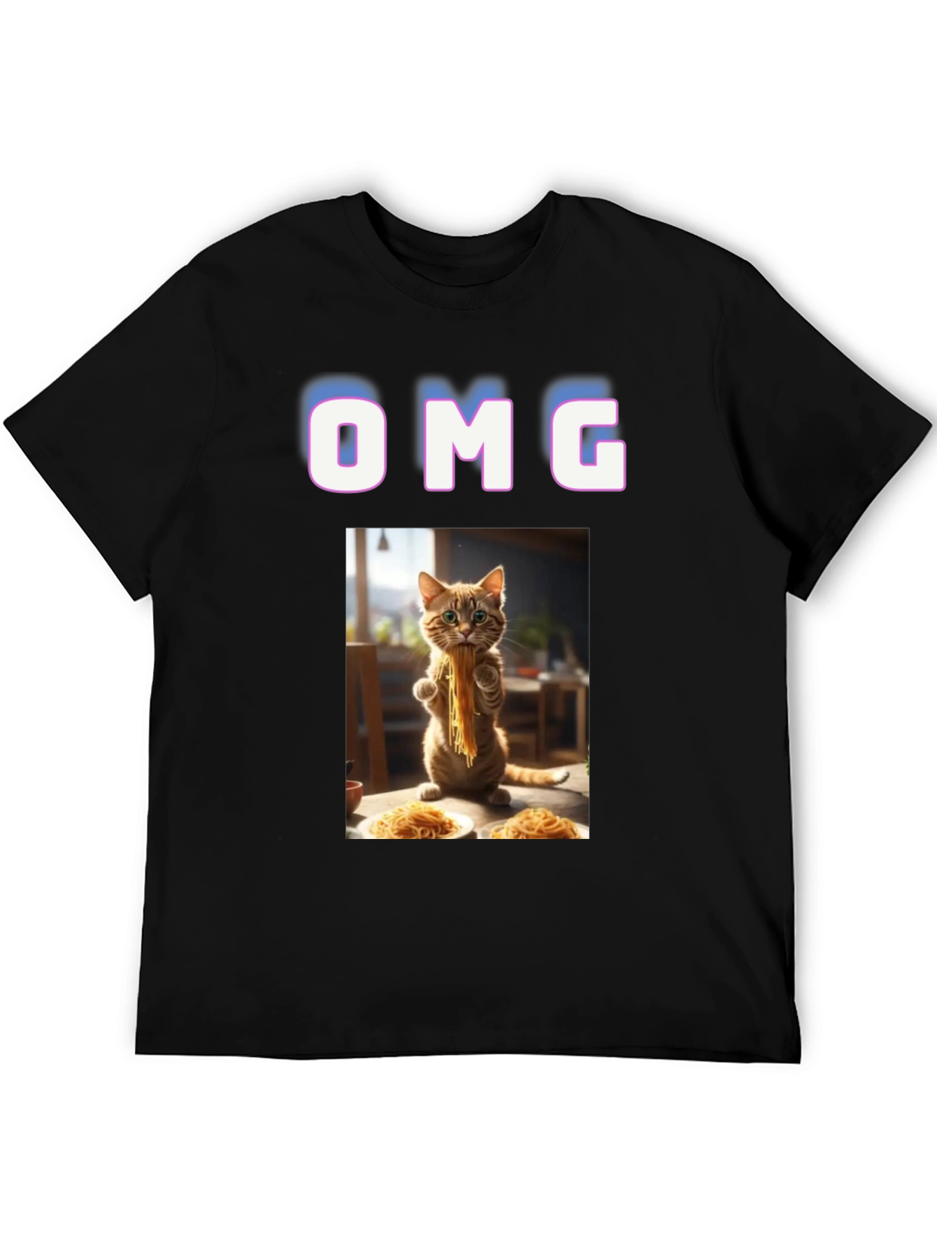 Black OMG Cat Eating Spaghetti Graphic T-Shirt view 5
