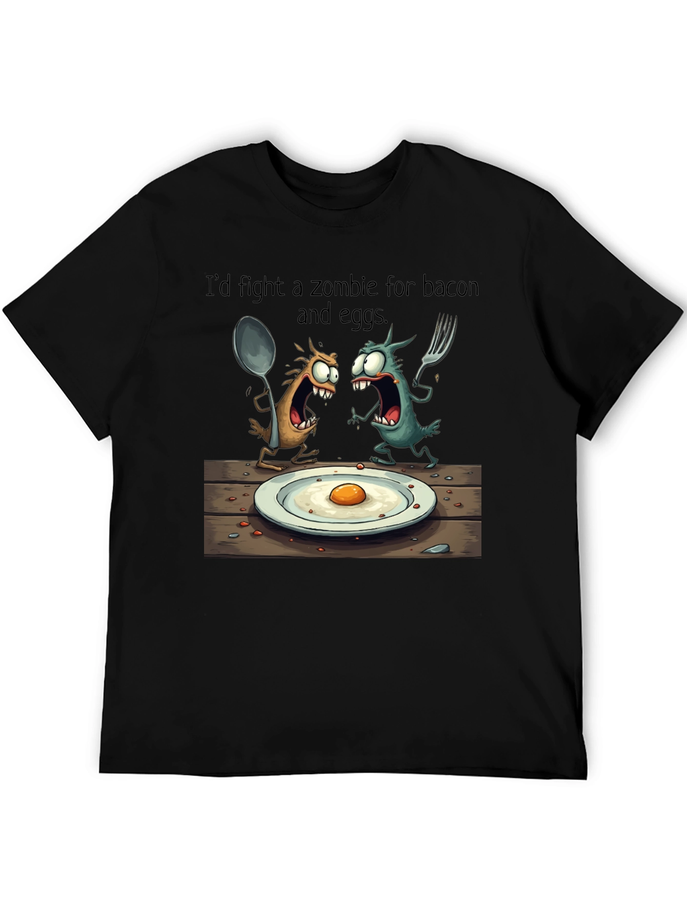 Black Zombie Bacon & Eggs T-Shirt: Funny Cartoon Foodie Tee view 5