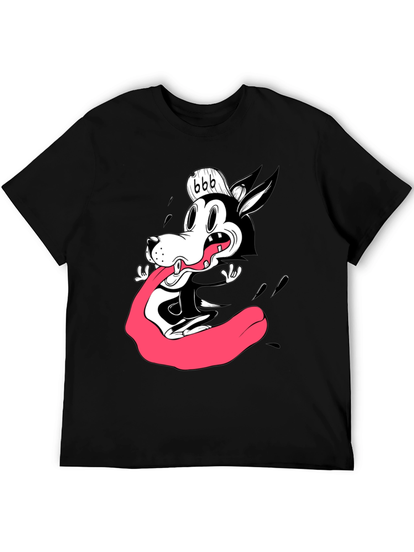 Black Cartoon Wolf Graphic Tee - Black Cotton T-Shirt view 5
