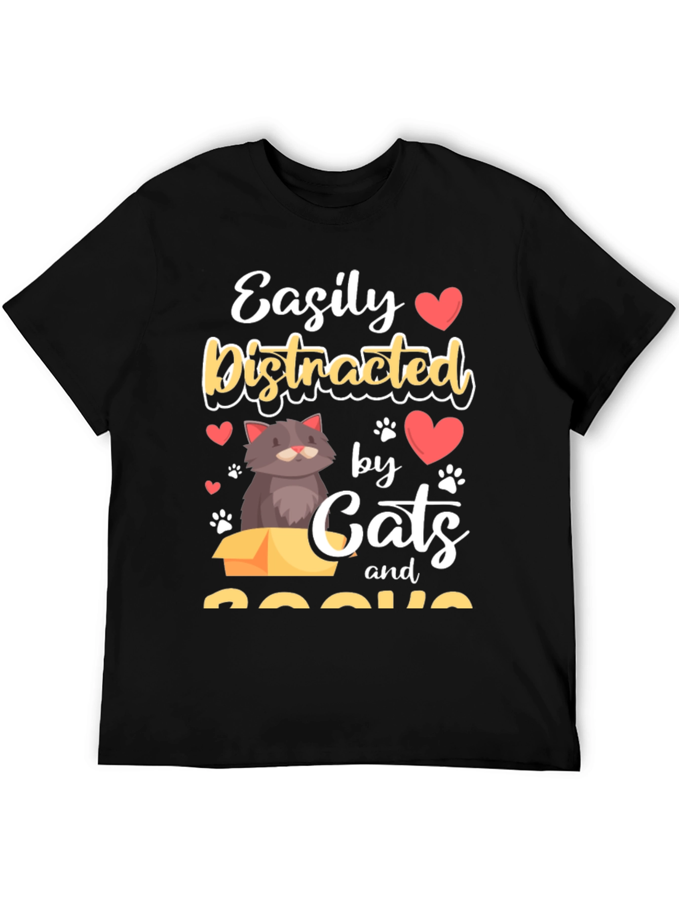 Black Easily Distracted by Cats and Books T-Shirt view 5