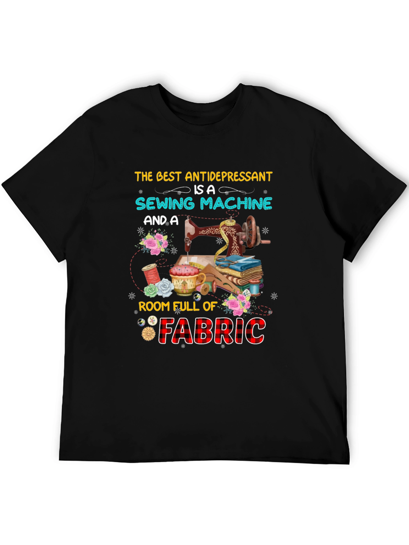 Black Sewing Machine & Fabric Lover T-Shirt view 5