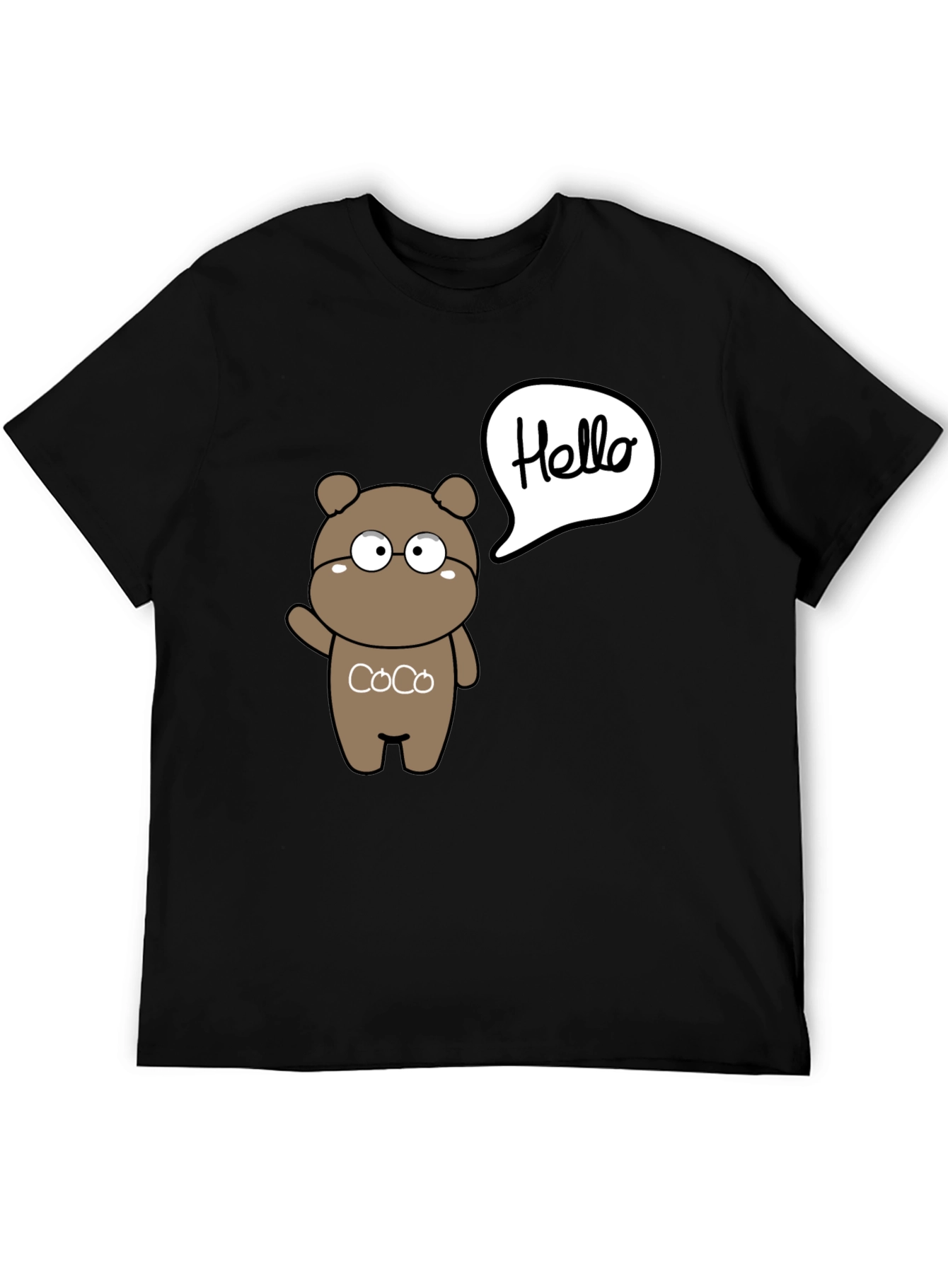 Black Cute Cartoon Bear Hello Graphic Black T-Shirt view 5